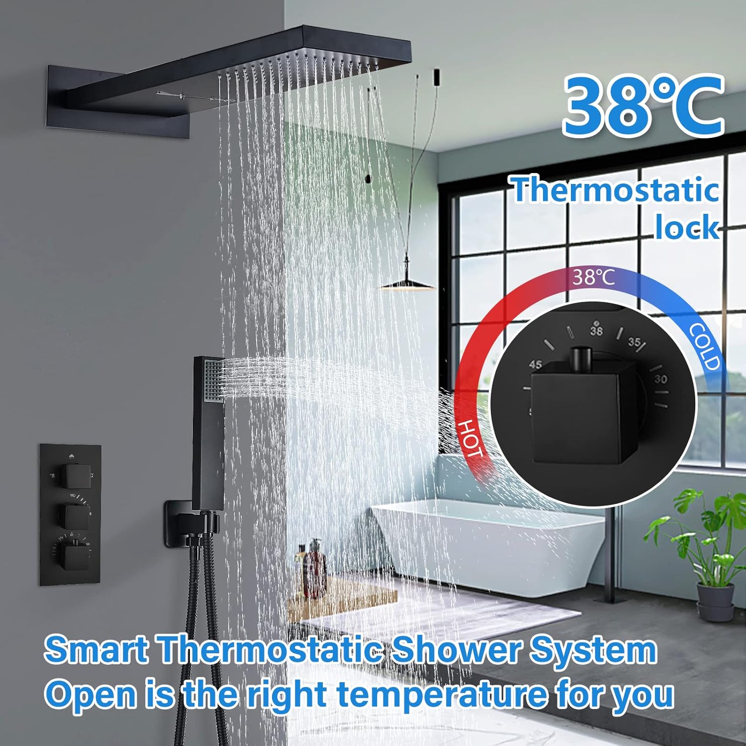 Thermostatic Shower System Matte Black, Wall Mounted Shower Faucet Set,Waterfall Rainfall Shower Head with Handheld for Bathroom ,DanPiang