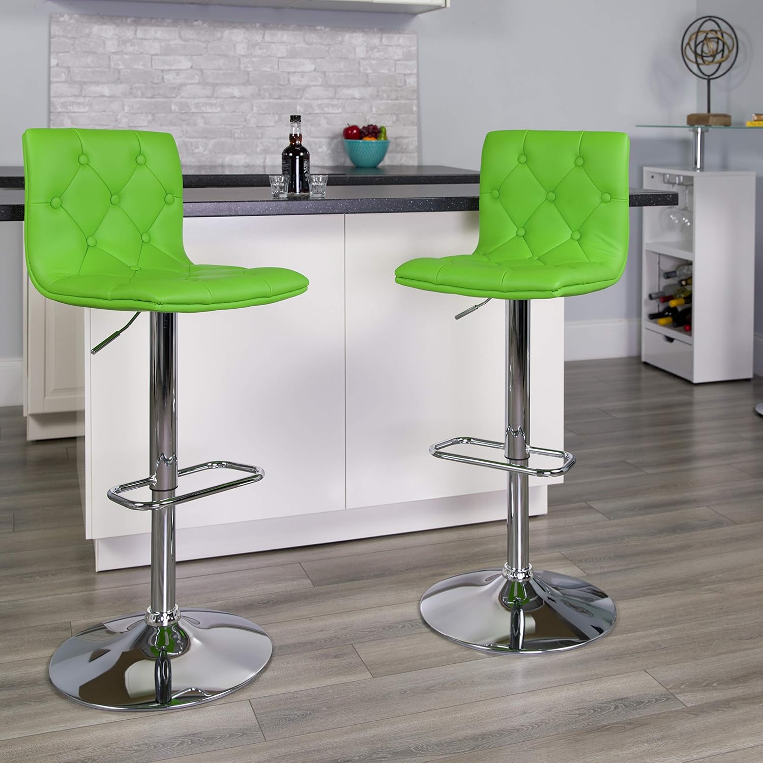 Flash Furniture 2 Pack Contemporary Button Tufted White Vinyl Adjustable Height Barstool with Chrome Base