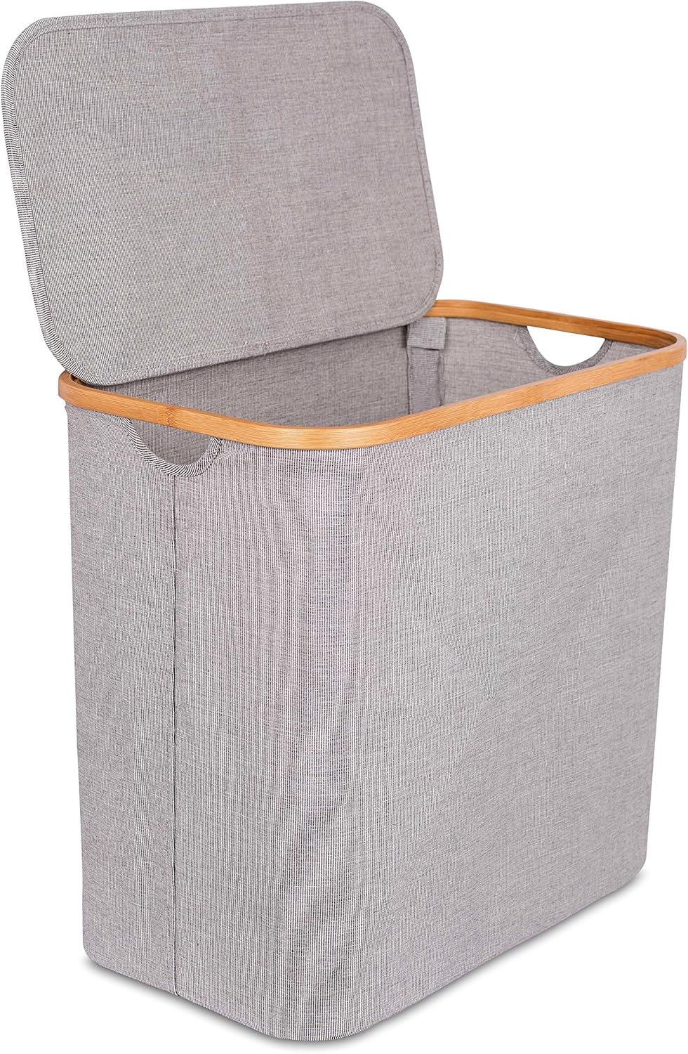BIRDROCK HOME Divided Bamboo & Canvas Hamper - Double Laundry Basket with Lid - Modern 2 Section Foldable Hamper - Cut Out Handles - Grey Narrow Design - Great for Kids Adults Pack of 2