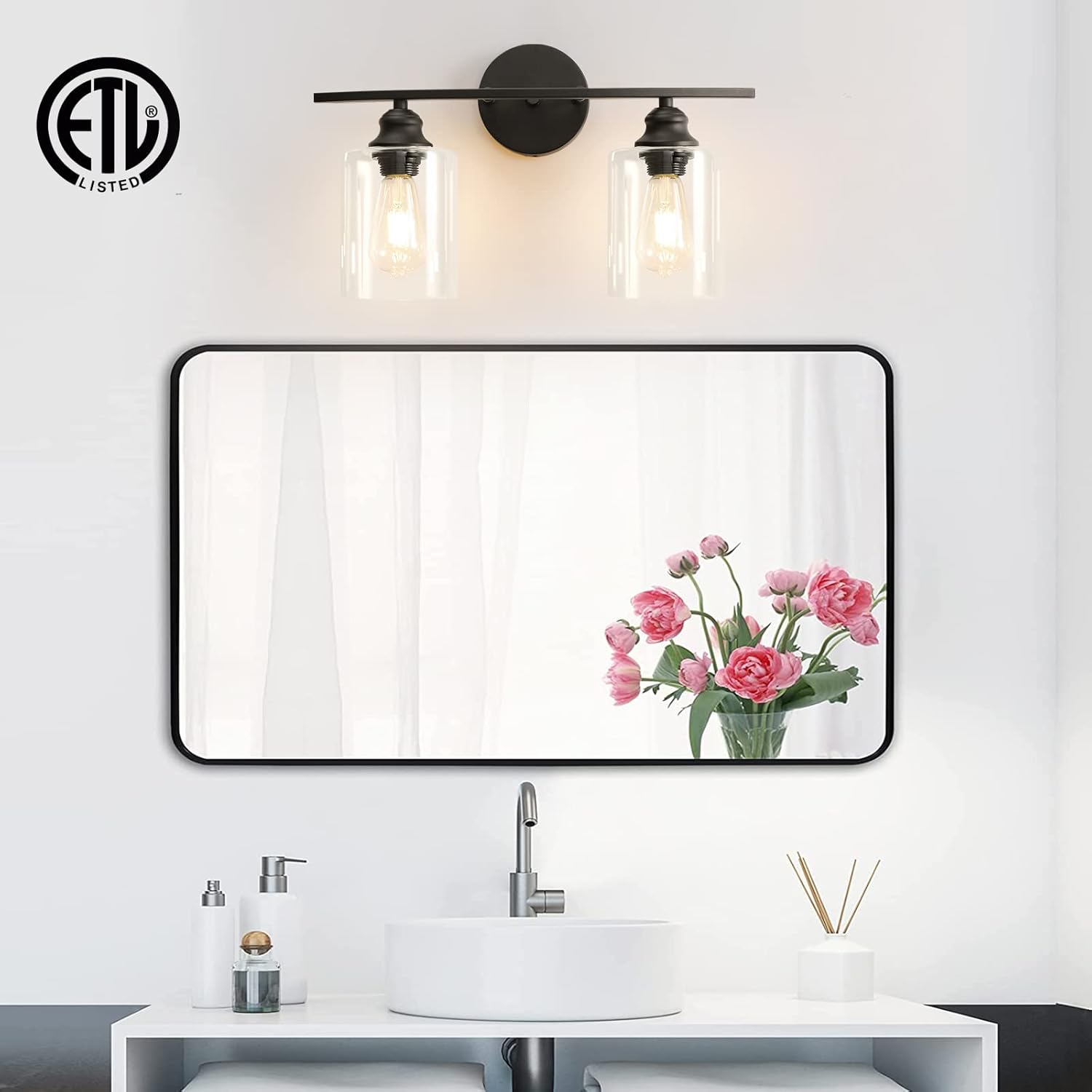 Black Vanity Light 2 Lights Modern Farmhouse Bathroom Light Fixtures Clear Glass Shades Industrial Vanity Lighting Fixtures Rustic Wall Sconces ETL Certified