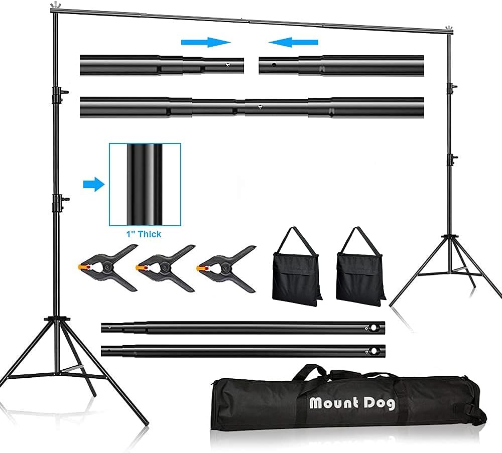 MOUNTDOG Photo Studio Backdrop Support System, 10FT Adjustable Photography Background Stand Kit with Backdrop Clamps, 2 Sandbags, and Carrying Bag for Portrait & Studio Photography