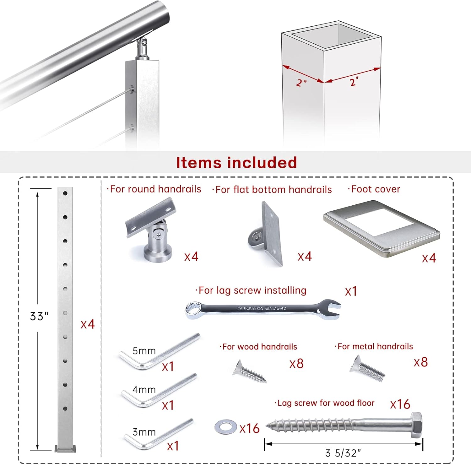 Muzata 4Pack Cable Railing Post Stair Square Weldless 36