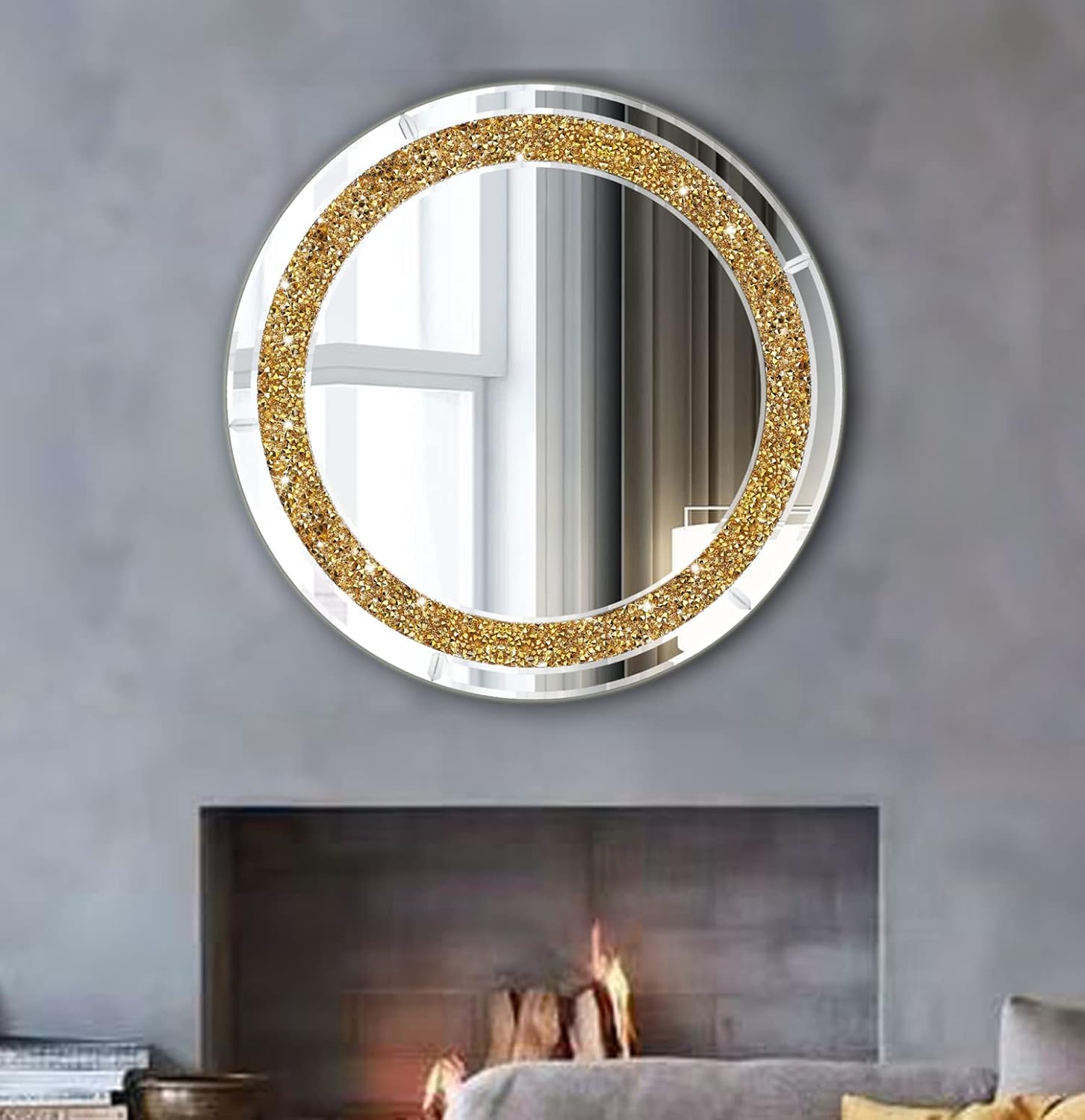 ZOLAPI Round Crystal Rhinestone Diamond Wall Mirror.Brilliant Hand-Spliced Glass Mirror.Silver Accent Decorative Mirror for Hallway/Bathroom/Bedroom（20&rdquo;x20&rdquo;）