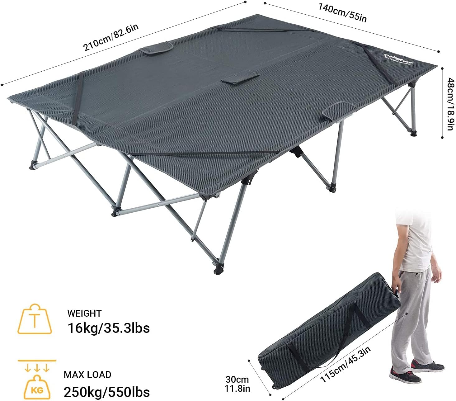KingCamp Double Folding Camping Cots for 2 People, Folding Cot Bed Heavy Duty 550Lbs Portable Steel Frames Easy Set Up Blackstrips 85”x55”