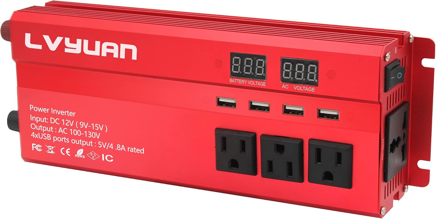 Cantonape 1000W/2000W(Surge) Car Power Inverter DC 12V to 110V AC with 4 Outlets, 4 USB Ports and Input/Output LED Display (1000W-RED) Pack of 2