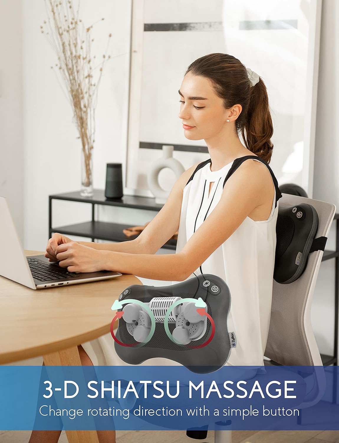 Zyllion Shiatsu Back and Neck Massager - 3D Kneading Deep Tissue Massage Pillow with Heat, Change Rotation, 2 Speed Levels and AC Adapter (Wired) for Muscle Pain Relief - Black (ZMA-34-BK)