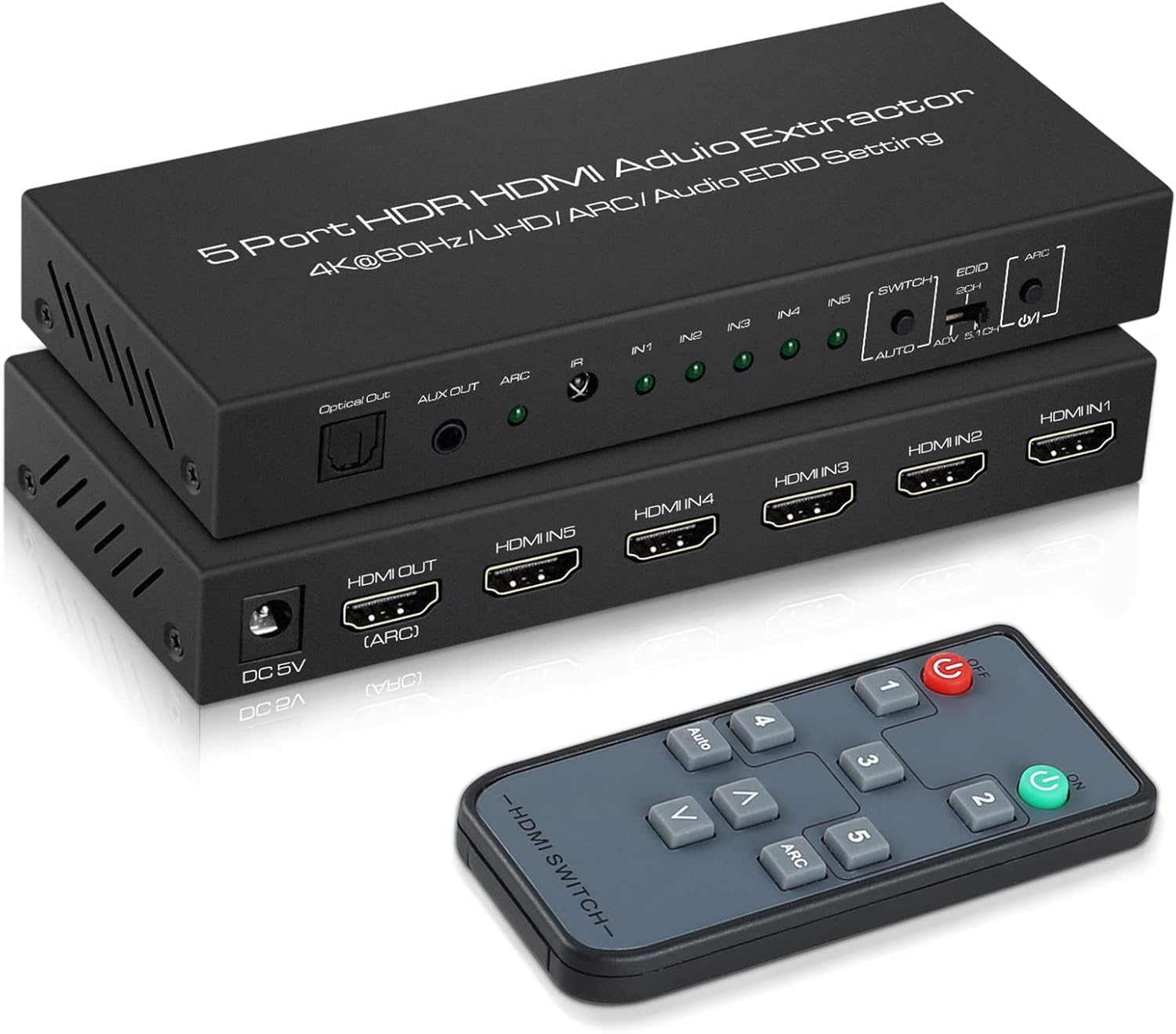 4K@60Hz HDMI Switch 5x1 with Audio Extractor, avedio links 5 Port HDMI Switcher with Optical SPDIF + 3.5mm Audio, 5 in 1 Out HDMI Audio Selector Switch Box with Remote Support HDR10 ARC 18Gbps HDCP2.2 Pack of 2