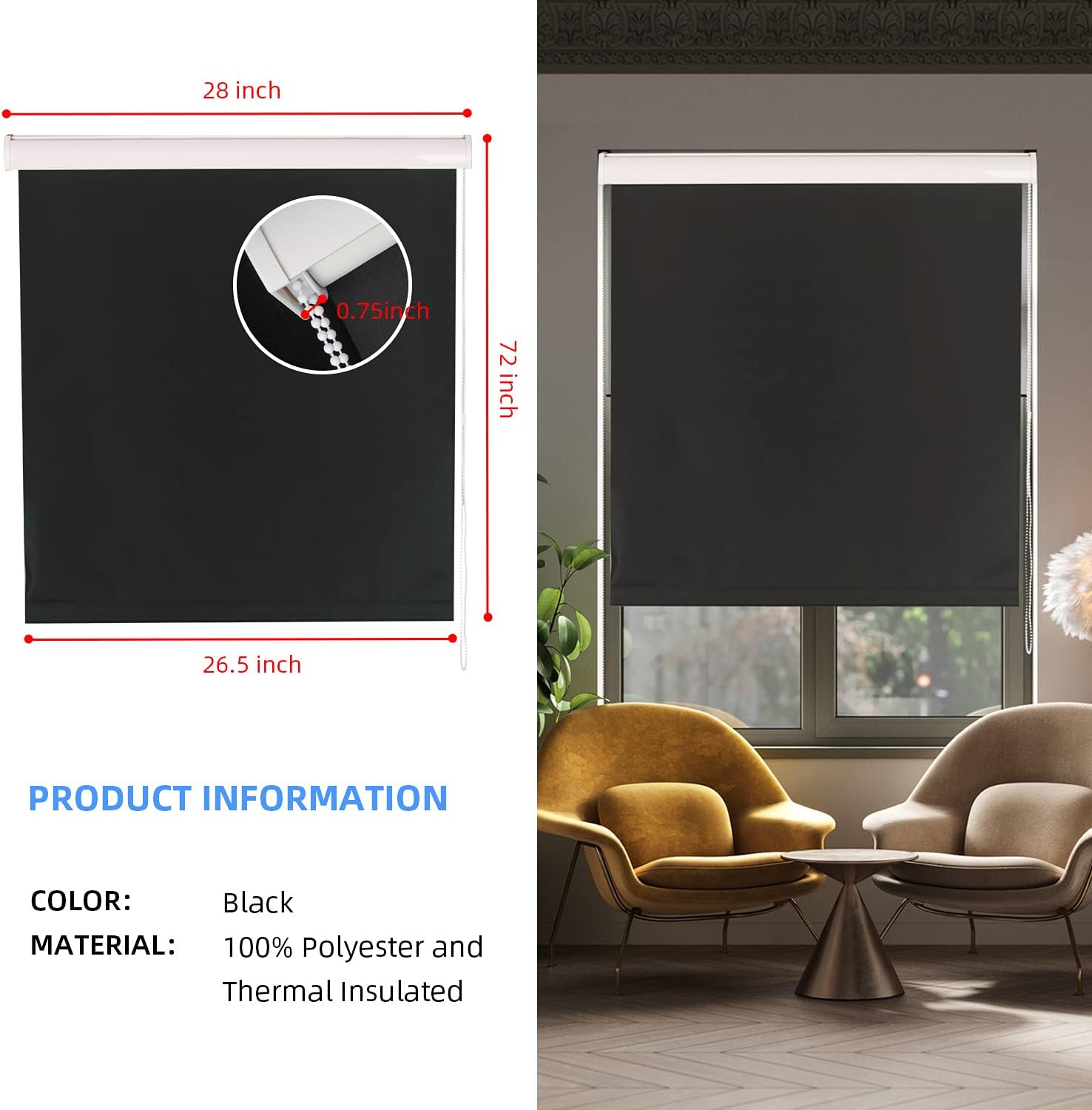 JDALL Roller Blinds for Windows Blackout Waterproof Fabric Thermal Insulated, UV Protection, Window Shades Perfect for Living Room, Office, Bathroom and More, Easy to Install (28