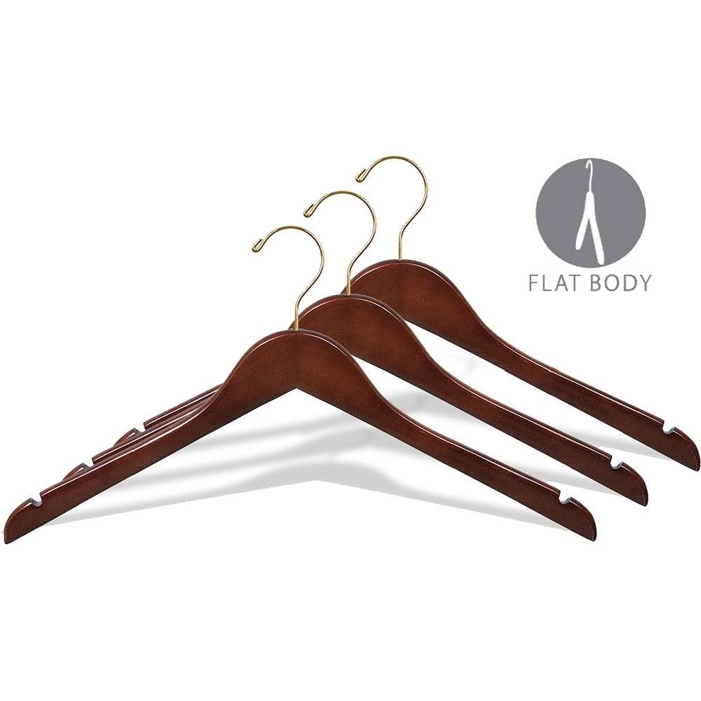 Wooden Top Hanger with Walnut Finish, Space Saving 17 inch Flat Hangers with Brass Swivel Hook u0026 Notches for Hanging Straps