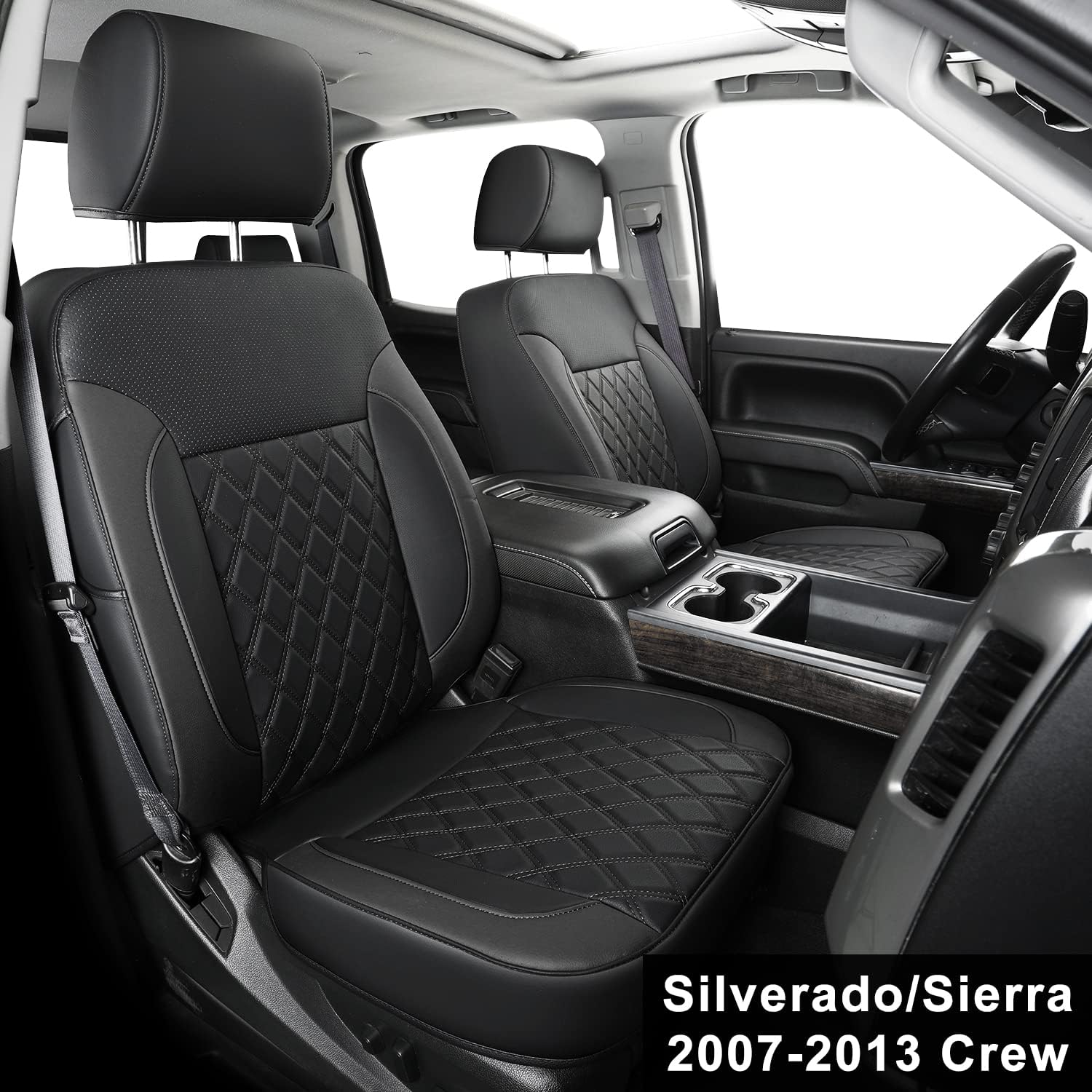 LUCKYMAN CLUB S04-SC2 Faux Leather Seat Covers, Fit for 2007-2013 Chevy Silverado GMC Sierra 1500 and 2007-2014 2500HD 3500HD Crew Cab(Black)
