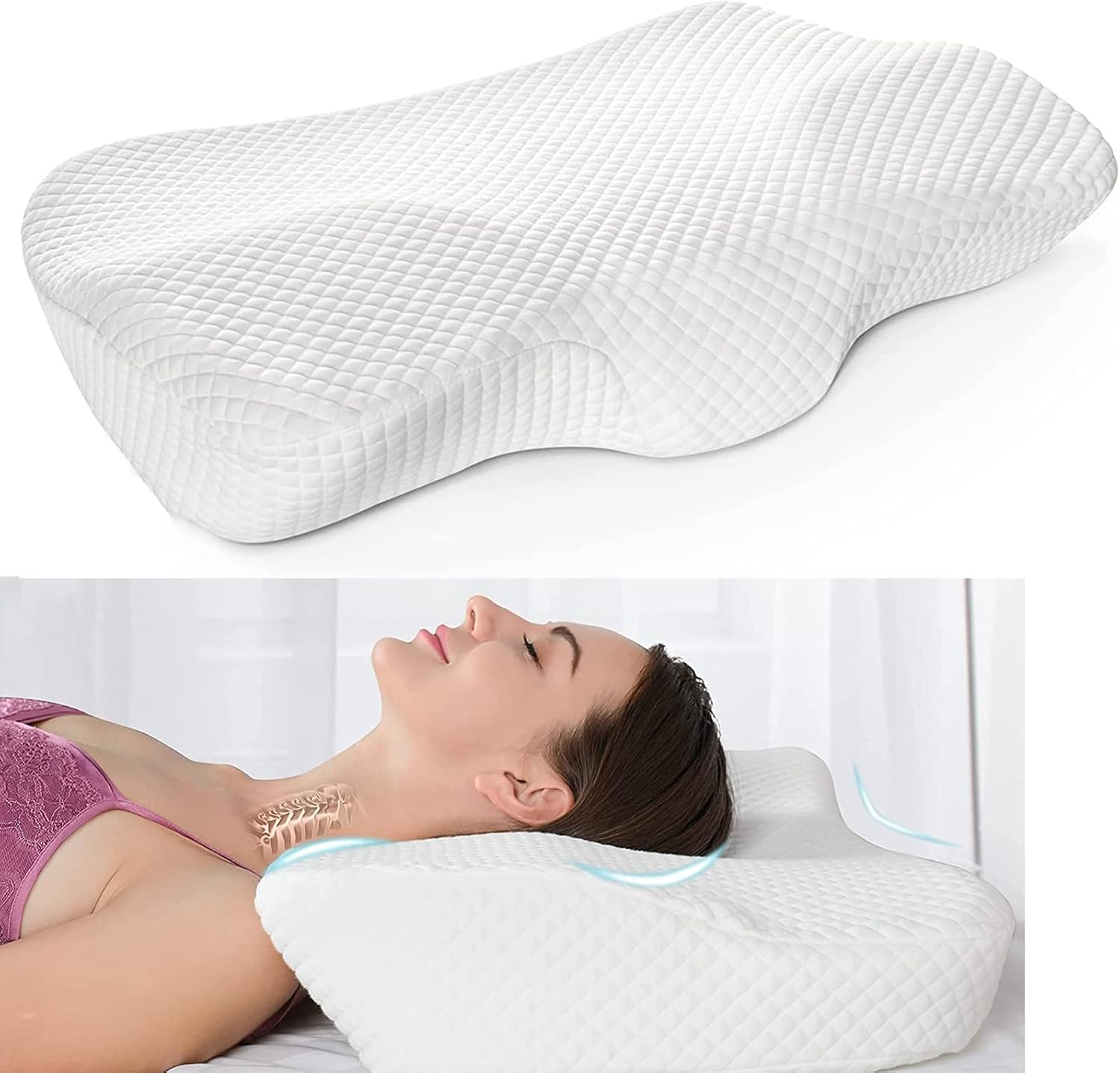 Cervical Contour Pillow for Neck and Shoulder Pain Relief - Orthopedic Ergonomic Memory Foam Pillow Neck Support Pillow with Washable Pillowcase for Side, Back and Stomach Sleepers (Standard)