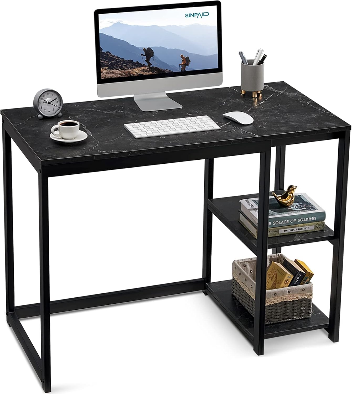 SINPAID Computer Desk 40 inches with 2-Tier Shelves Sturdy Home Office Desk with Large Storage Space Modern Gaming Desk Study Writing Laptop Table, White Desk