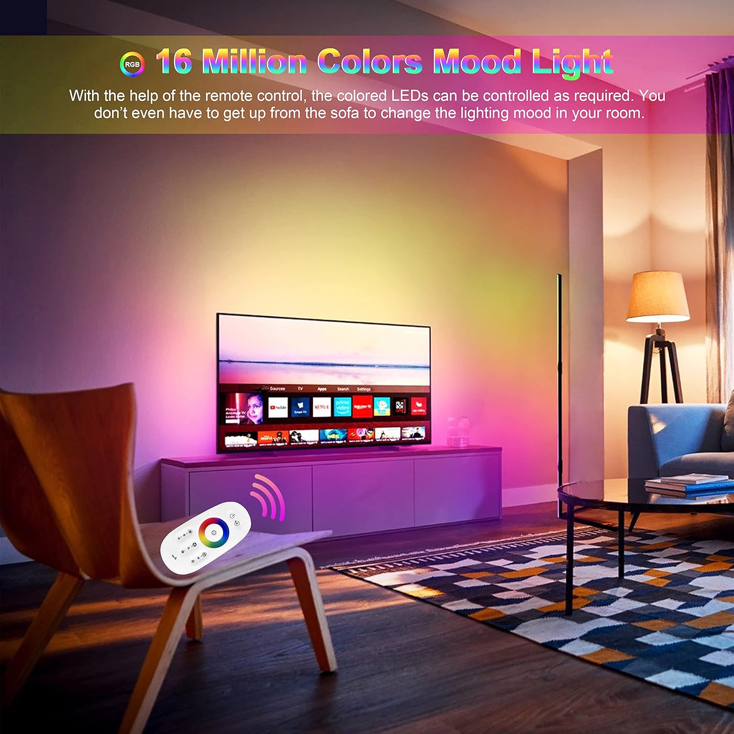 Meifan LED Corner Floor Lamp, Living Room Standing Lamp with Dimming Remote Control, Modern Floor Lamp for Playroom, Children's Room, Bedroom, Black, 130CM, Right Angle.