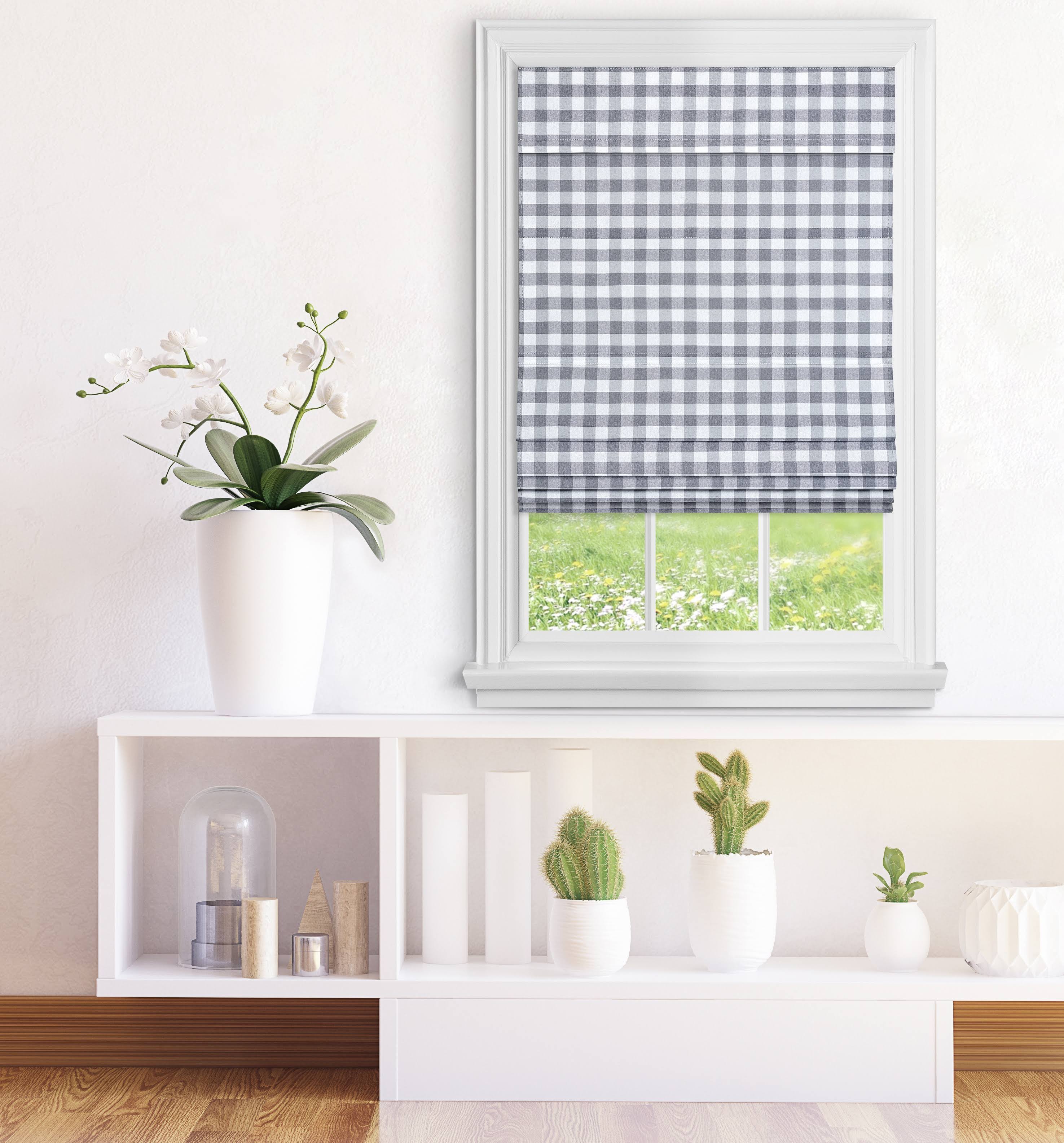 Achim Cordless Buffalo Check Roman Window Shade, Grey
