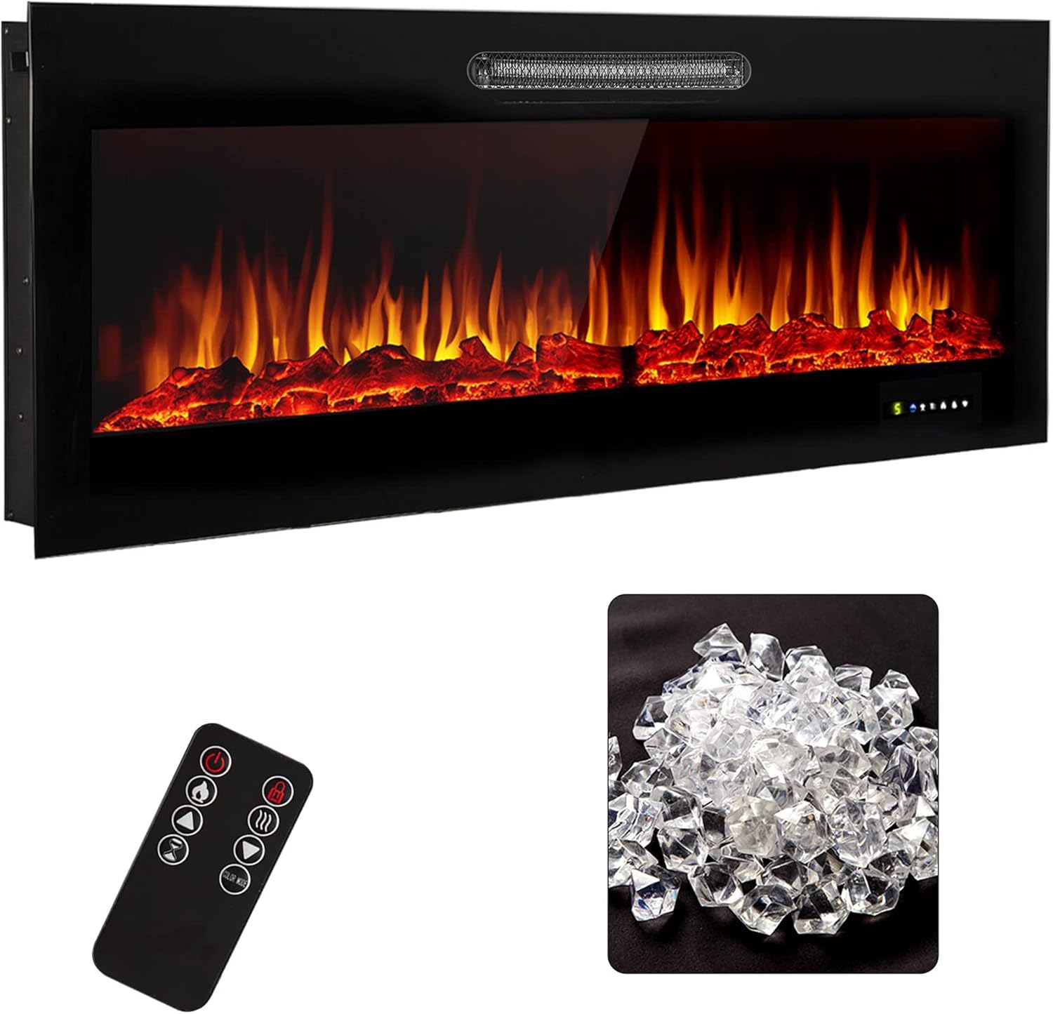 Electric Fireplace 36 inch Recessed Wall Mounted in-Wall Fireplace Heater with Remote Control, Touch Screen, Free Crystals & Log, Multicolor Flame, Child Safety Lock, Timer, 750W/1500W Black