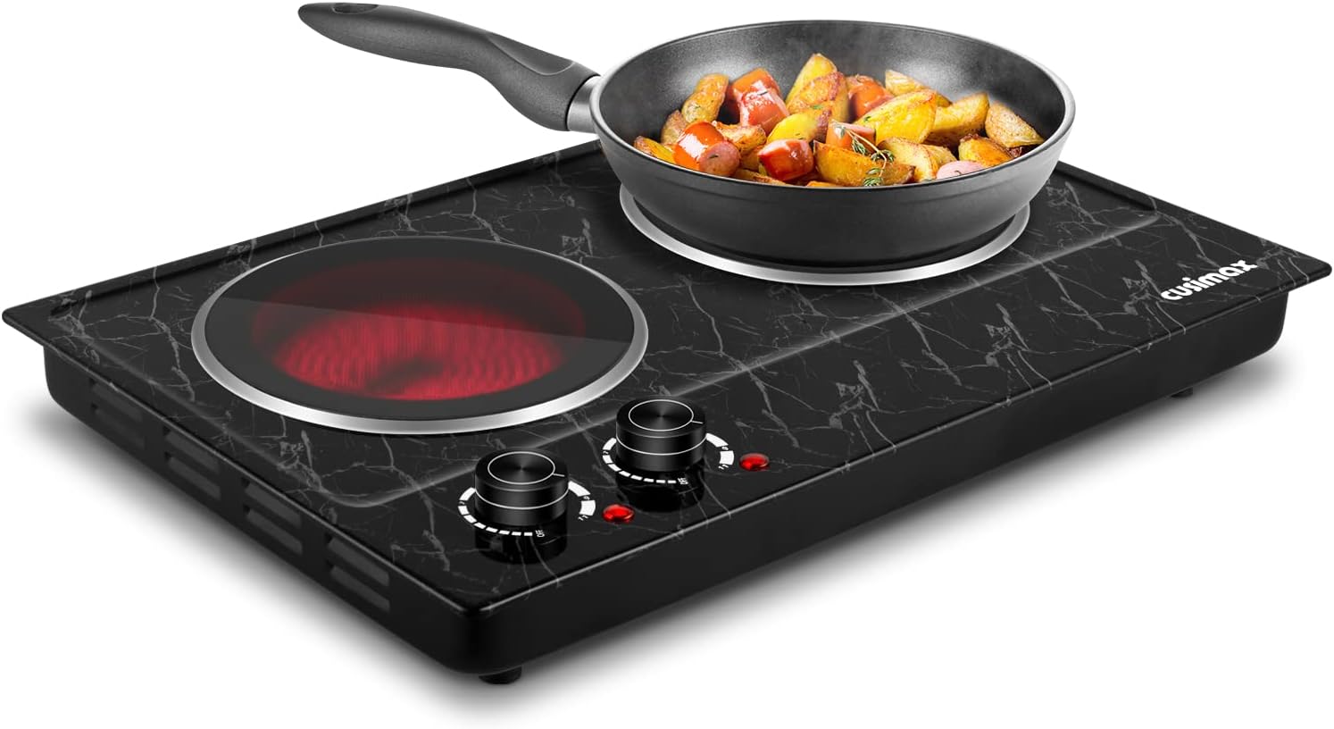 Hot Plate, CUSIMAX Double Burner Electric Hot Plate for Cooking, 1800W Dual Control Portable Electric Stove Countertop Electric Burner Infrared Electric Cooktop, Stainless Steel Black Marble Pack of 2