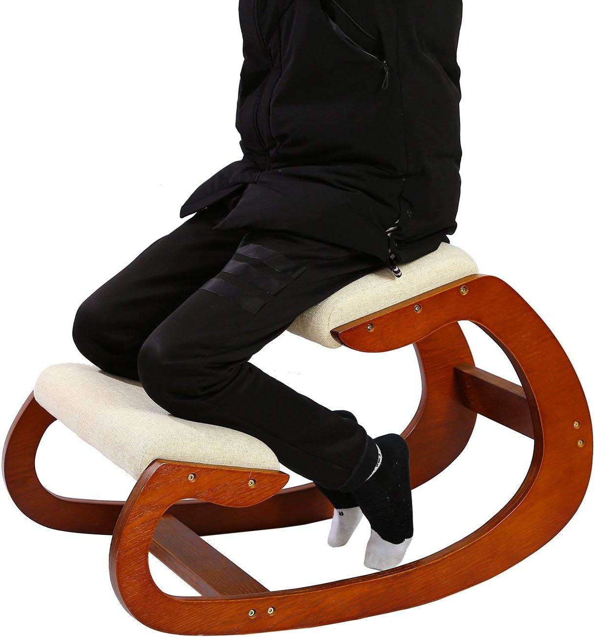 Ergonomic Kneeling Chair for Upright Posture - Rocking Chair Knee Stool for Home, Office & Meditation - Wood & Linen Cushion - Relieving Back and Neck Pain & Improving Posture (Pecan)