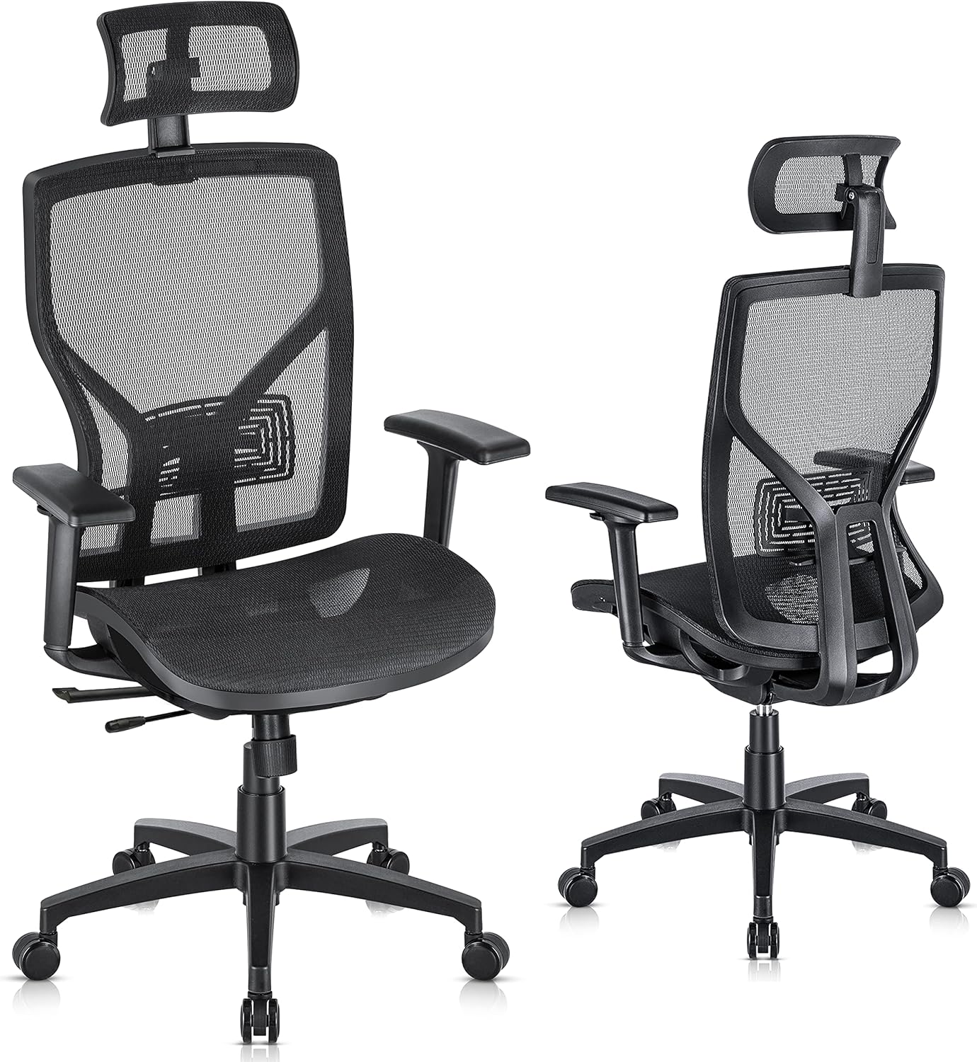 SUNNOW Ergonomic Office Chair with Adjustable Lumbar Support, High-Back Mesh Desk Chair with Sliding Seat, Headrest, 2D Armrest - Swivel Computer Task Chair for Home