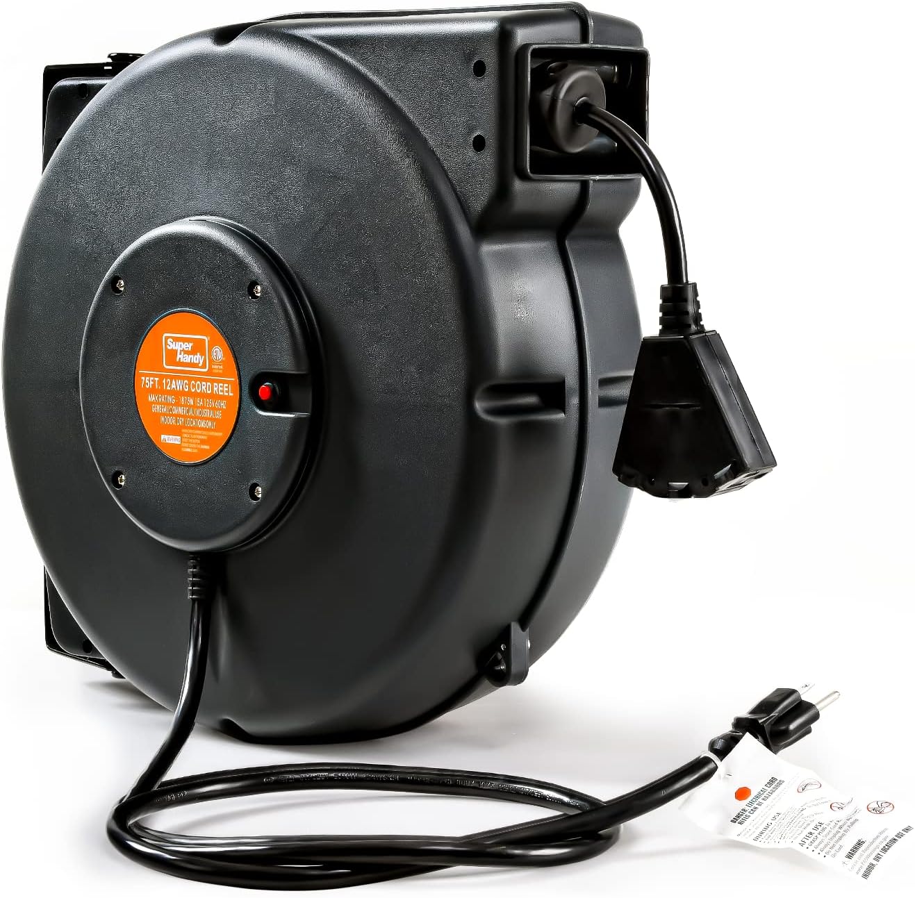 SuperHandy Extension Cord Reel Retractable 12AWG x 75' Feet Commercial Premium Flexible 3C/SJTOW Cable with Triple Tap Connector