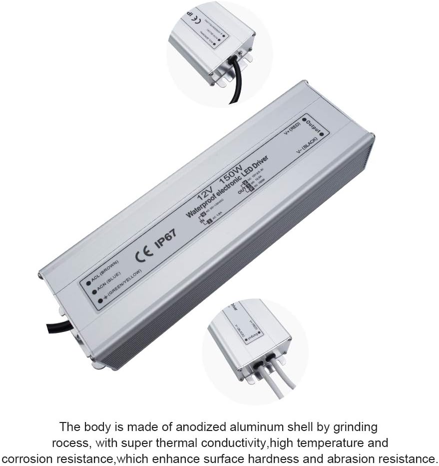 inShareplus LED Power Supply, 12V 150W IP67 Waterproof Outdoor Driver,AC 90-265V to DC 12V 12.5A Low Voltage Transformer, Adapter with 3-Prong Plug for LED Light, Computer Project, Outdoor Use