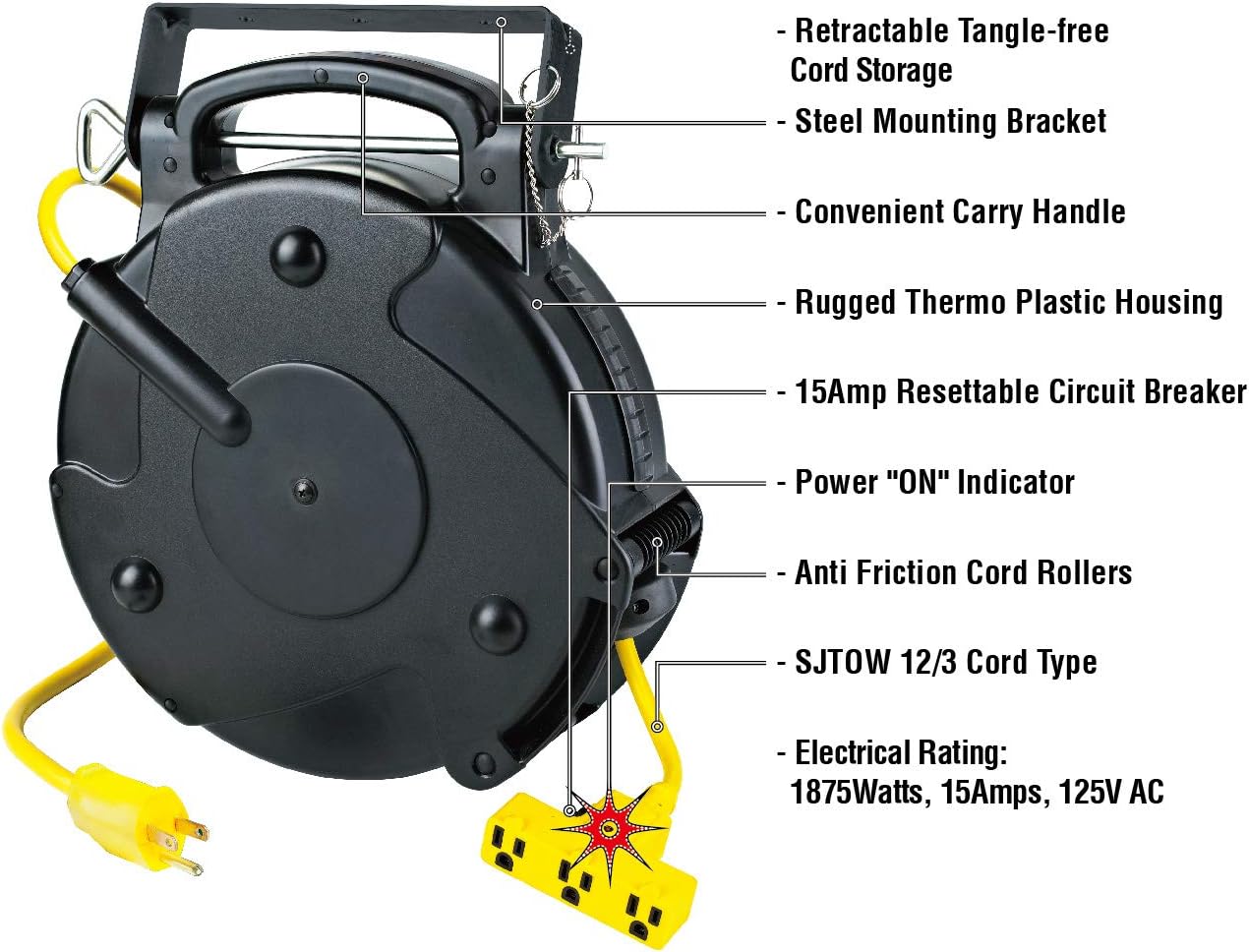 Alert 8150M-P Heavy Duty Industrial Retractable Extension Cord Reel w/Tri-Tap, 50 ft, Black, Yellow