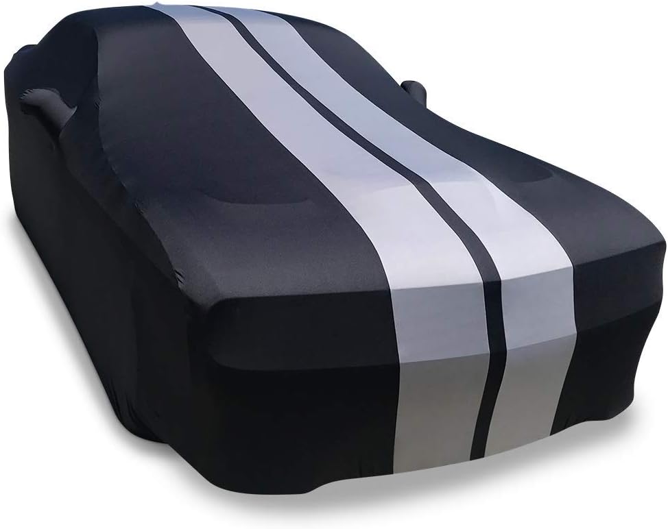 SR1 Performance Ultraguard Stretch Satin Indoor Car Cover Compatible for 2008-2022 Dodge Challenger - The Ultimate Custom FIT (Black with Red Stripes)