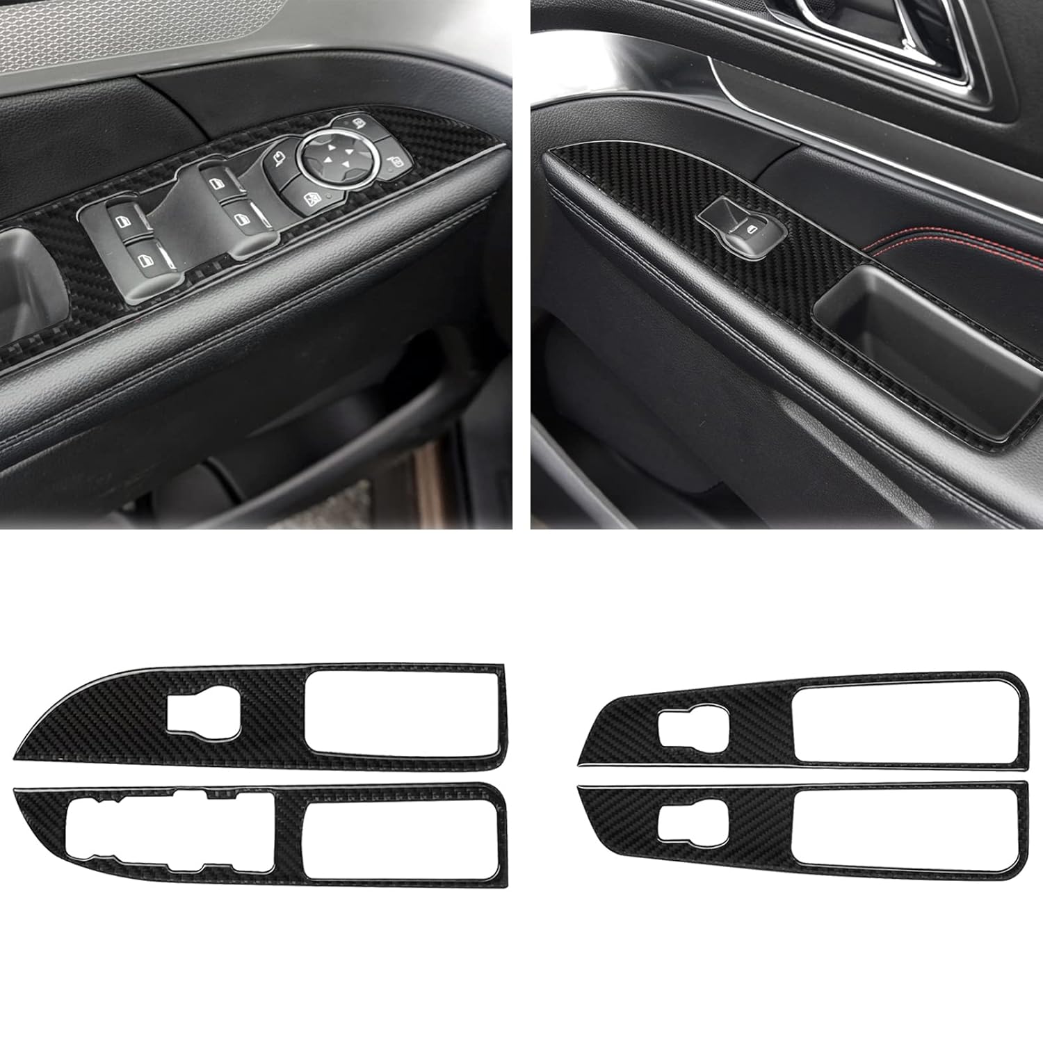 SUNJIKA Compatible with 4pcs Carbon Fiber Window Rasing Lift Switch Control Panel Cover Trim Sticker Interior Accessories for Ford Explorer 2014 2015 2016 2017 2018 2019 (Black)