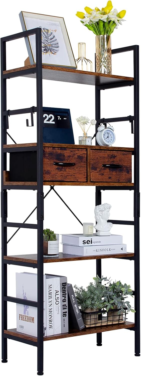 Furunion 5 Tier Adjustable Tall Bookcase with Drawers, Marble Pattern and Metal Standing Cabinet, Industrial Vintage Bookshelf Unit, Open Back Modern Office Bookcase