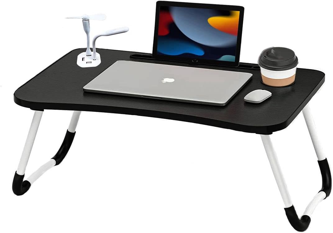 Portable Foldable Laptop Table Tray Stand Laptop Bed Desk Lap Desk for Bed with USB Charge Port/Cup Holder/Storage Drawer for Working Writing Reading Eating lapdesk on Low Sitting Floor(Black Wire)