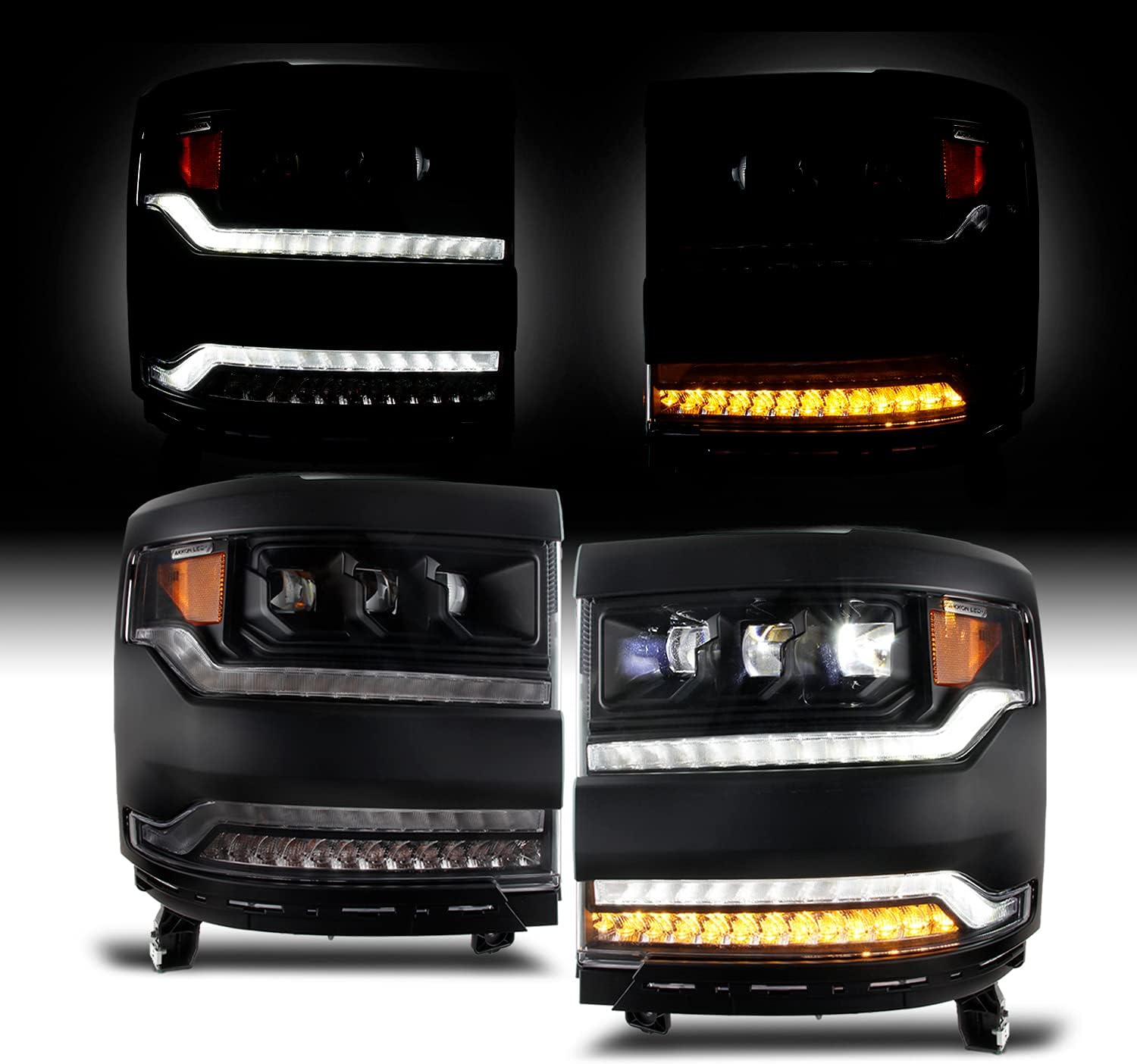 AKKON - For 2016-2019 Chevy Silverado 1500 Full-LED Low High Beam w/DRL + Premium Triple Projector Headlights Black Housing