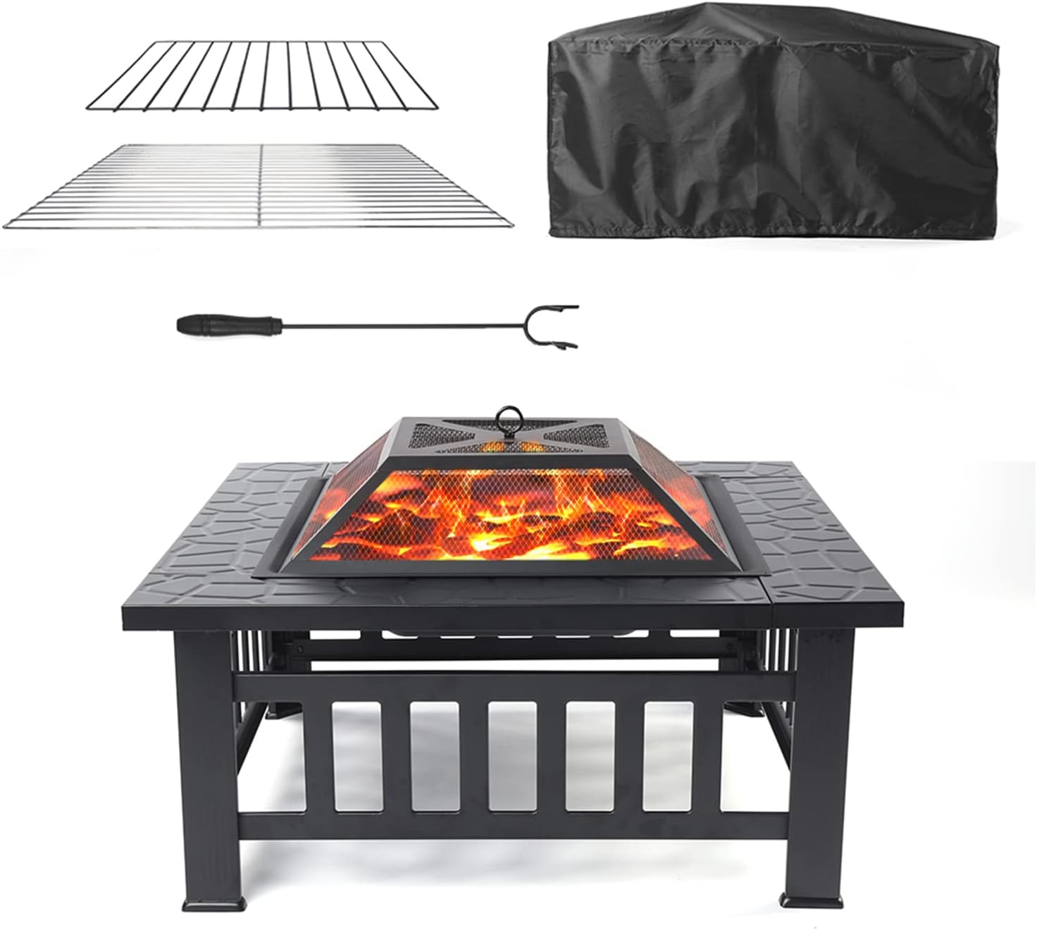 SEGMART Outdoor Wood Burning Fire Pit, Square Fire Pit Table with BBQ Grill, Mesh Spark Screen, Log Poker, rain cover and Grate, BBQ Grill, Outdoor Heaters Bonfire Cooler for Beach/Camping/Part/Picnic