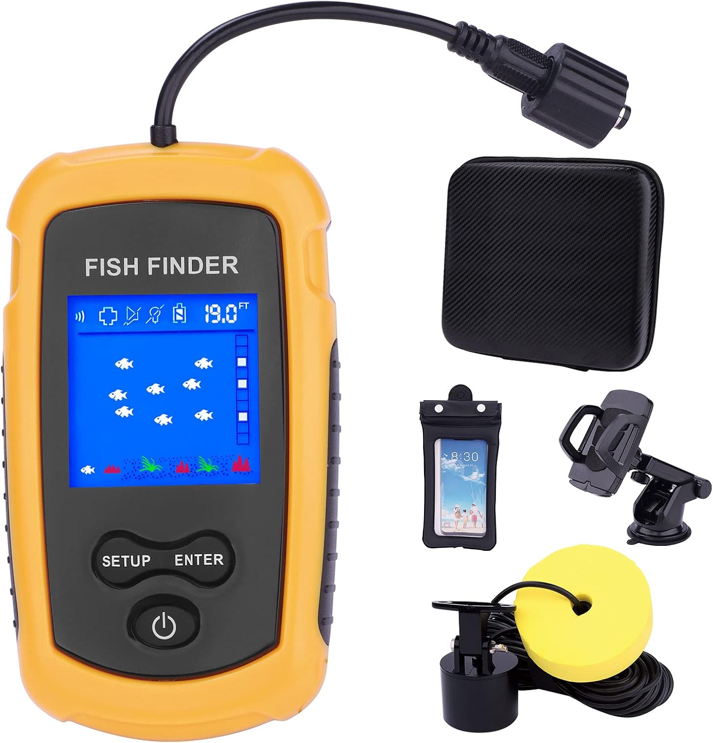 NOCOEX Portable Fish Finder, Sonar Sensor Transducer and LCD Display Fish Depth Finder, Depth readout 2.3ft(0.7m) to 328ft (100m) , with Waterproof Resistant Package ,Phone Adapter Pack of 2