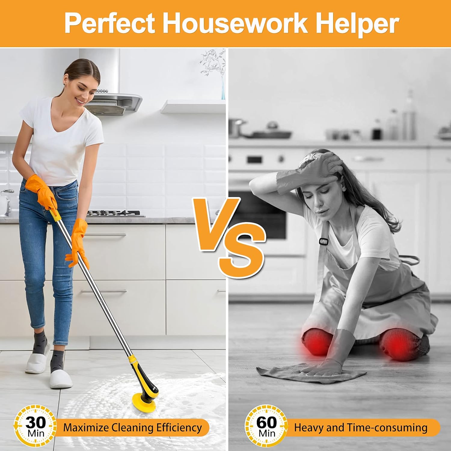 vrillo Electric Spin Scrubber, Shower Scrubber Cordless Floor Scrubber with Adjustable Handle and 6 Replaceable Cleaning Brush for Bathtub, Tile, Shower, Window and Kitchen