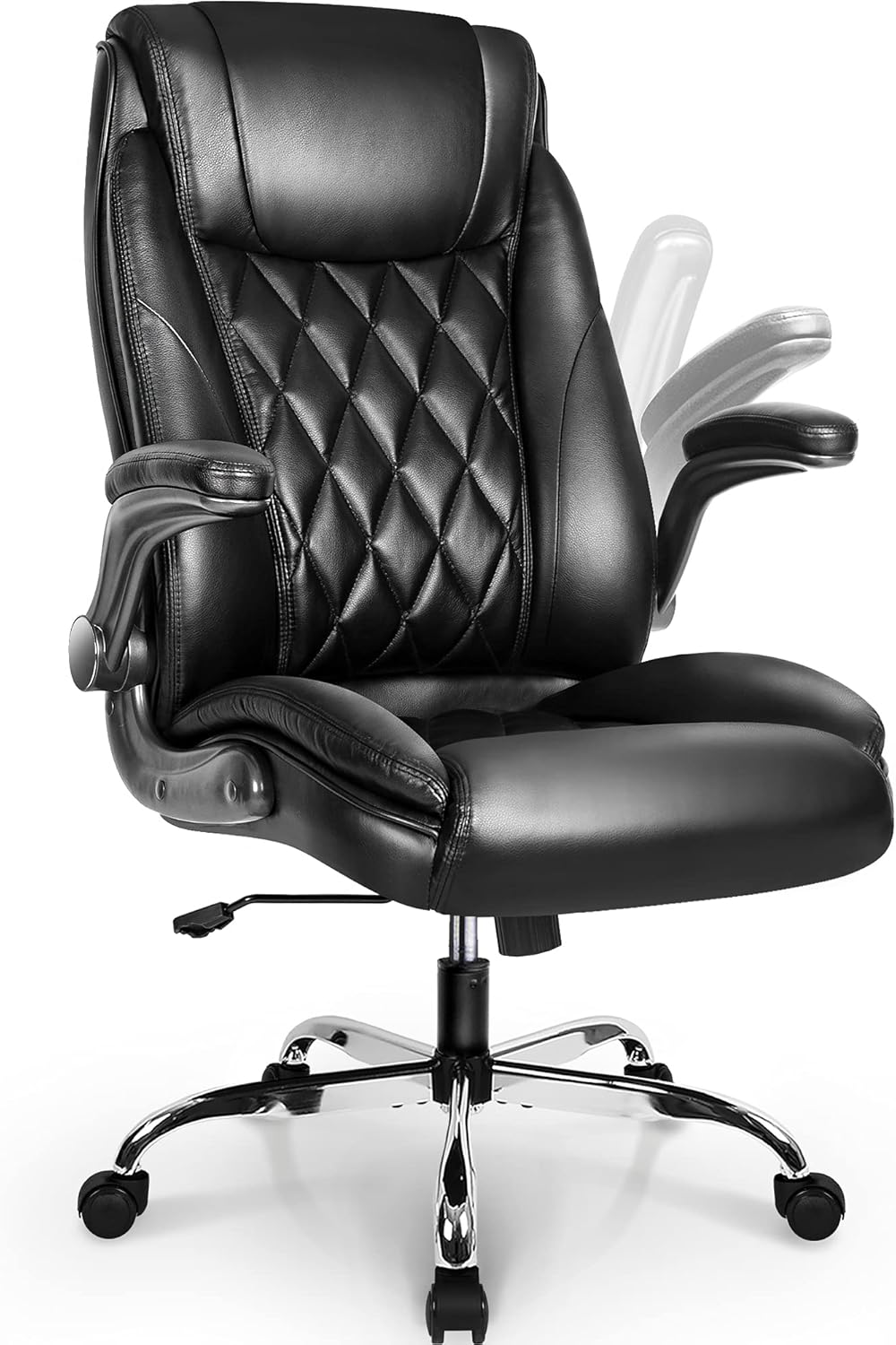NEO CHAIR Office Chair Computer High Back Adjustable Flip-up Armrests Ergonomic Desk Chair Executive Diamond-Stitched PU Leather Swivel Task Chair with Armrests Lumbar Support (Black)