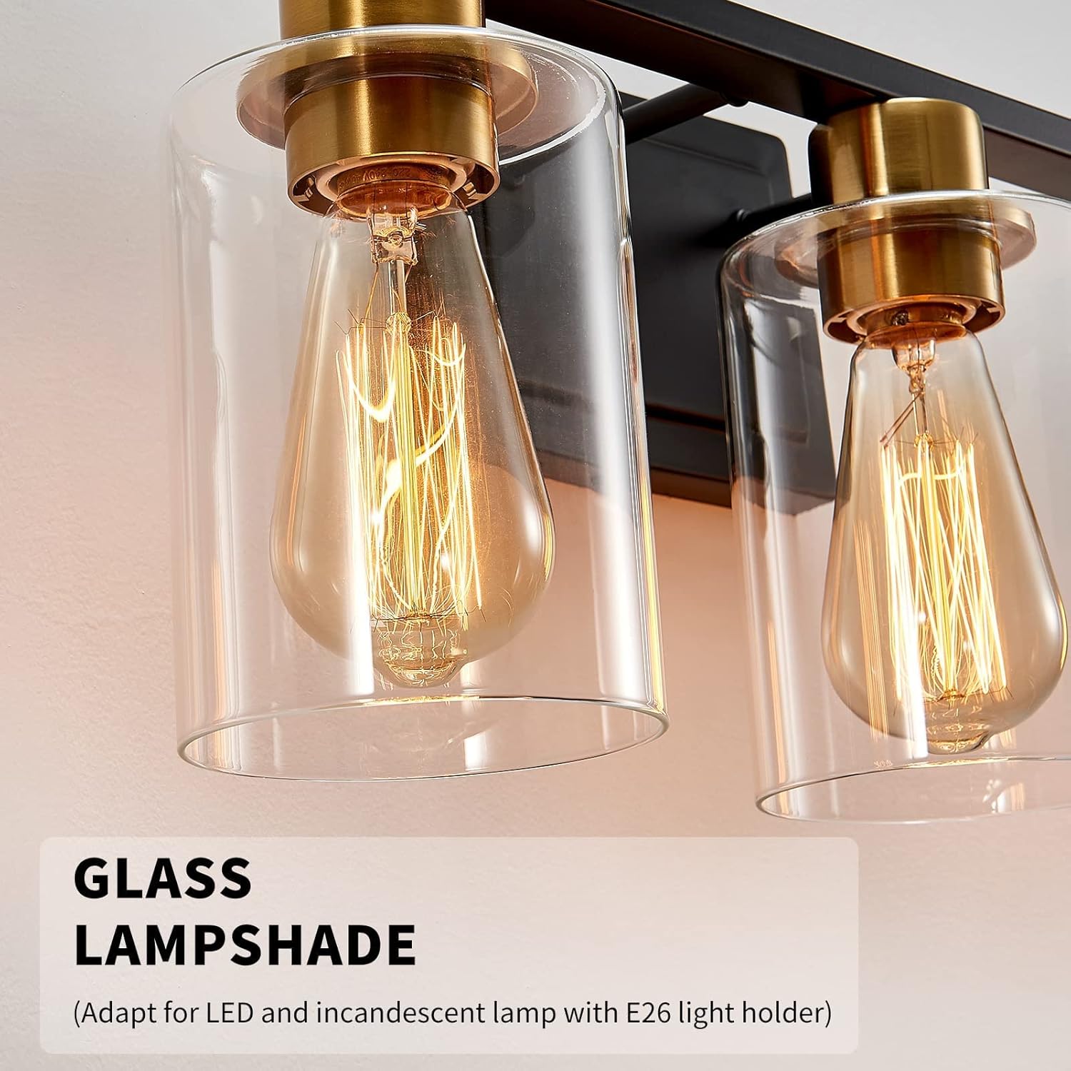 Black Gold Bathroom Light Fixtures, 3 Light Vanity Light, Farmhouse Wall Sconces with Clear Glass Shade, Brushed Brass Wall Sconce Lighting, Vanity Lights for Bathroom, Living Room, Bedroom, Hallway