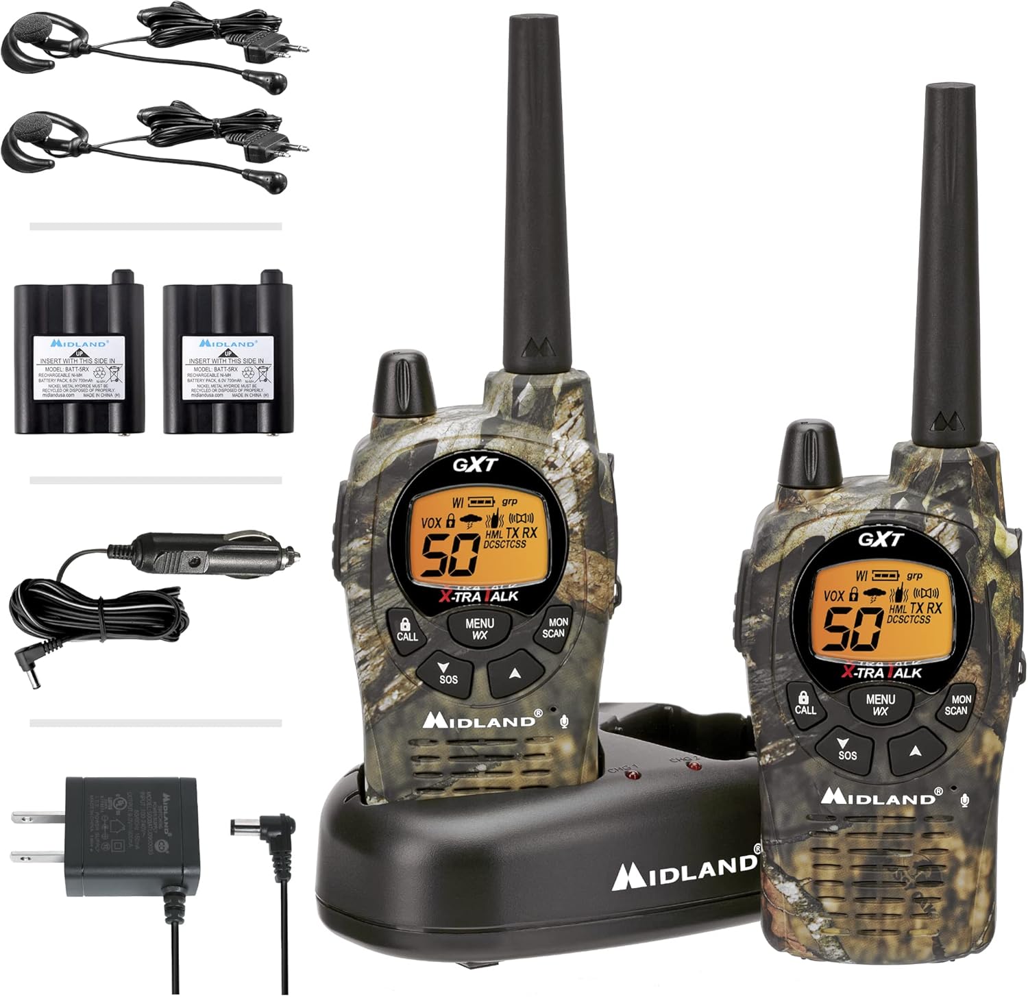 Midland 50 Channel Waterproof GMRS Two-Way Radio - Long Range Walkie Talkie with 142 Privacy Codes, SOS Siren, and NOAA Weather Alerts and Weather Scan (Black/Silver, Pair Pack)
