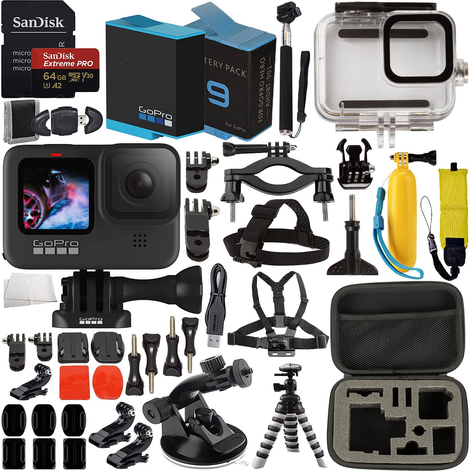 GoPro HERO9 (Hero 9) Action Camera (Black) with Premium Accessory Bundle Includes: SanDisk Ultra 64GB microSD Memory Card, Spare