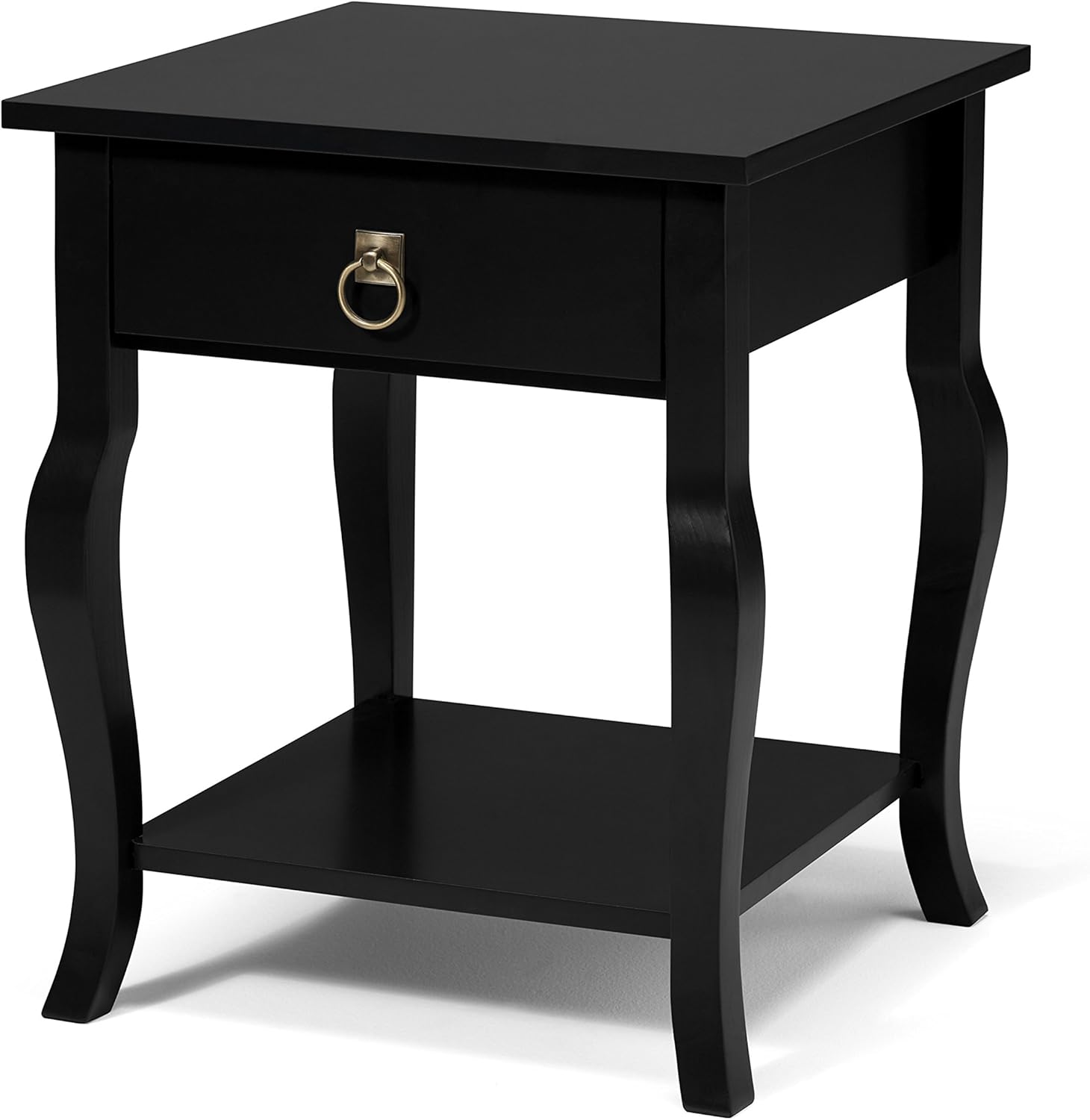 Kate and Laurel Lillian Wood Side Table with Curved Legs, Drawer, and Shelf, Black