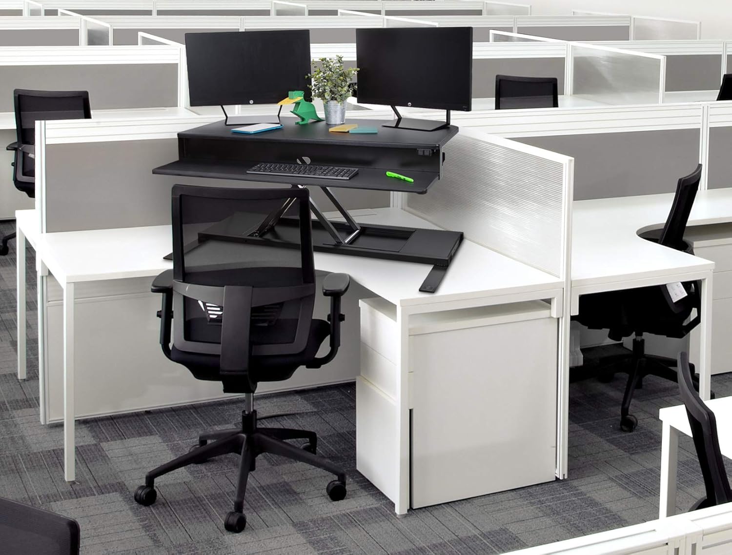 Flexpro Power 40 Inch Electric Corner Desk | 2 Level Standing Desk Converter with Quiet Height Adjustments | Large Dual Level Sit to Stand Workspace | Great for Cubicles! (Corner / 40