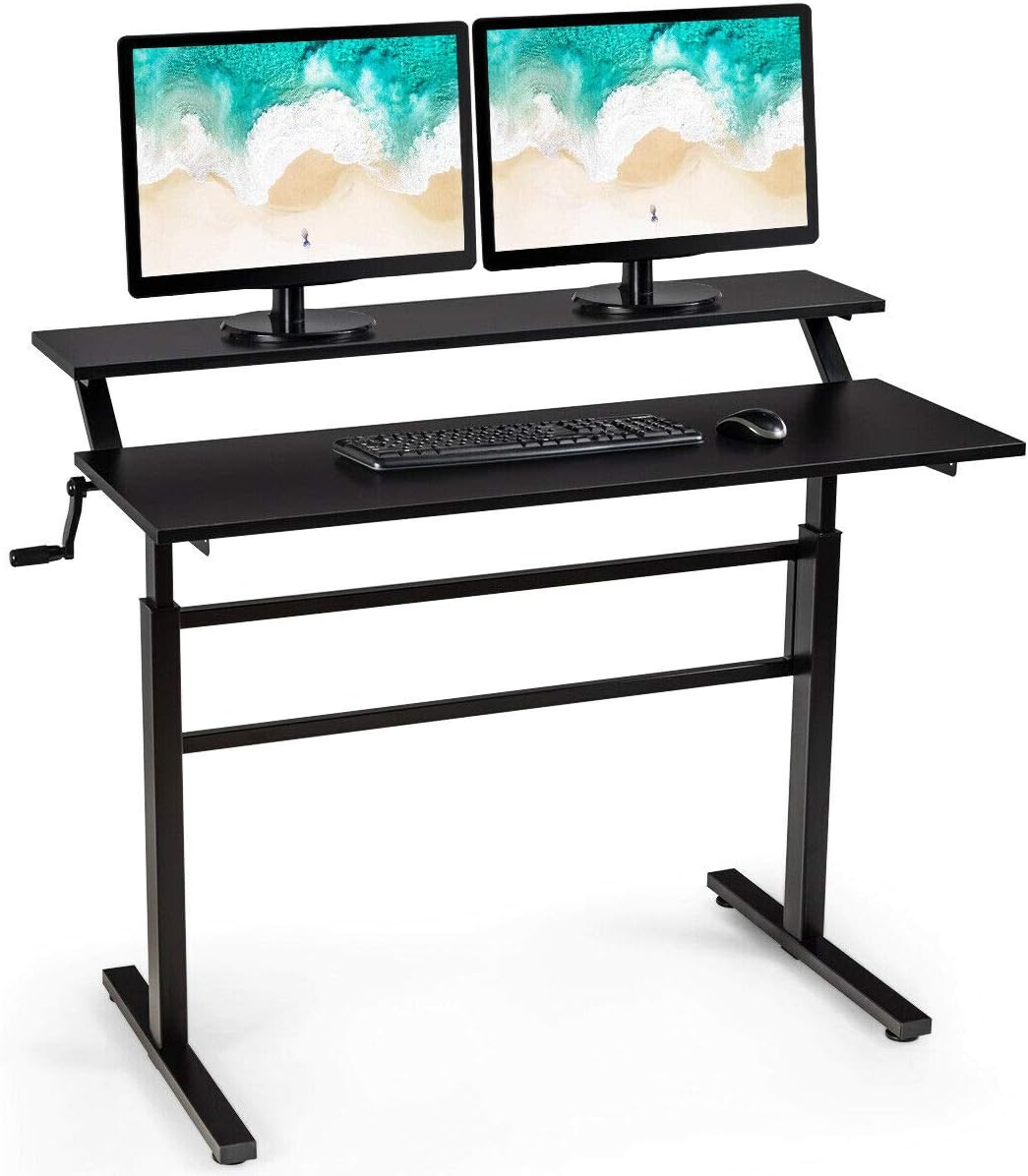 Black Standing Computer Desk Foldable Crank Handle Sit to Stand Up Spacious Workstation with Monitor Shelf Adjustable Desktop Height Sturdy Steel Frame Perfect for Home Office Bedroom Study Room Use