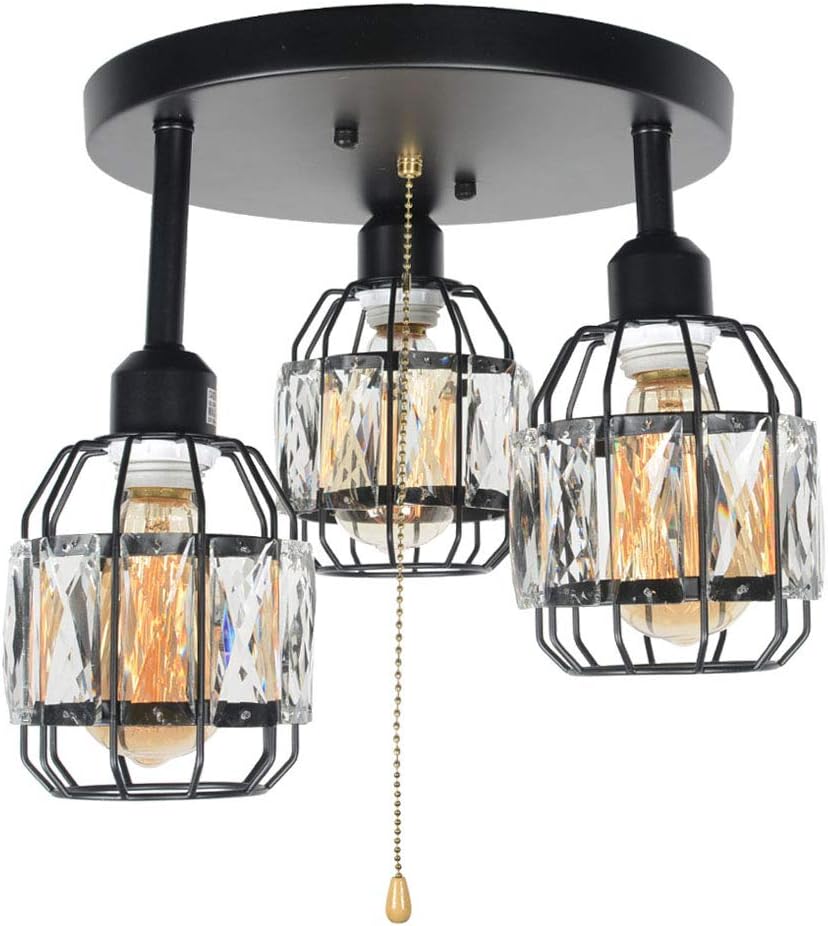 Baiwaiz Crystal Cage Semi Flush Mount Pull Chain Light, Black Metal Round Industrial Ceiling Lighting with Pull String Modern Close to Ceiling Light Fixture 3 Lights Edison E26 108