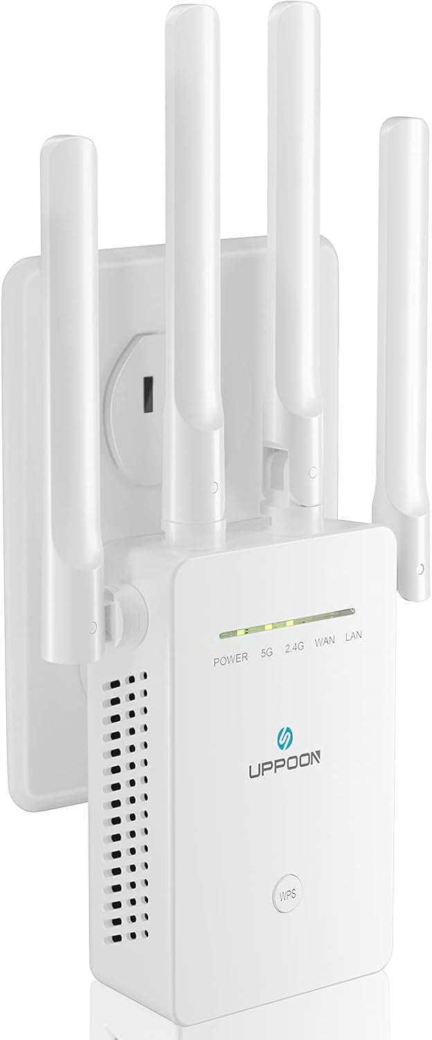 UPPOON WiFi Extender Signal Booster for Home, 1200Mbps Internet Booster Covers up to 5000sq.ft, 2.4 & 5GHz Dual Band Wireless Signal Amplifier Repeater, 1-Tap Setup, WAN/LAN Port, 5 Working Mode Pack of 2