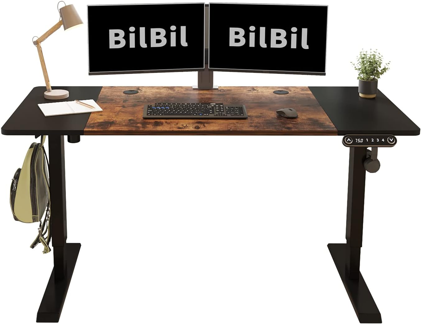 Electric Height Adjustable Standing Desk, BilBil 48 x 24 Inches Sit to Stand Desk Home Office Desk with Splice Board, Black Frame/Black and Rustic Brown Top