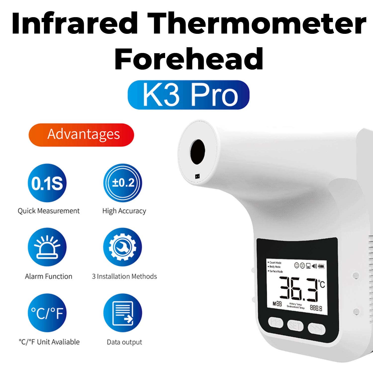 LETUSTO Wall-Mounted Infrared Thermometer, Non-Contact Instant LED Display for Alarm When Fever is Detected (with Stand)