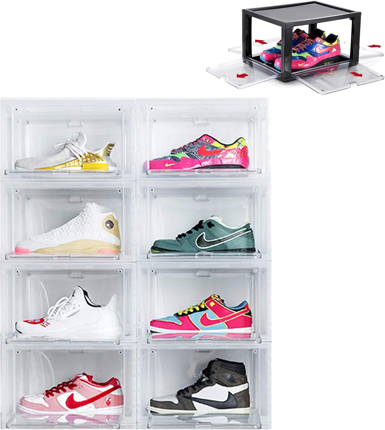 Shoe Box Organizer Stackable Plastic Shoe Storage Box Side &Front Drop Open Door Sneaker Cases Heavy Duty Shoe Container Organizer for Closets Entryway Bedroom Garage
