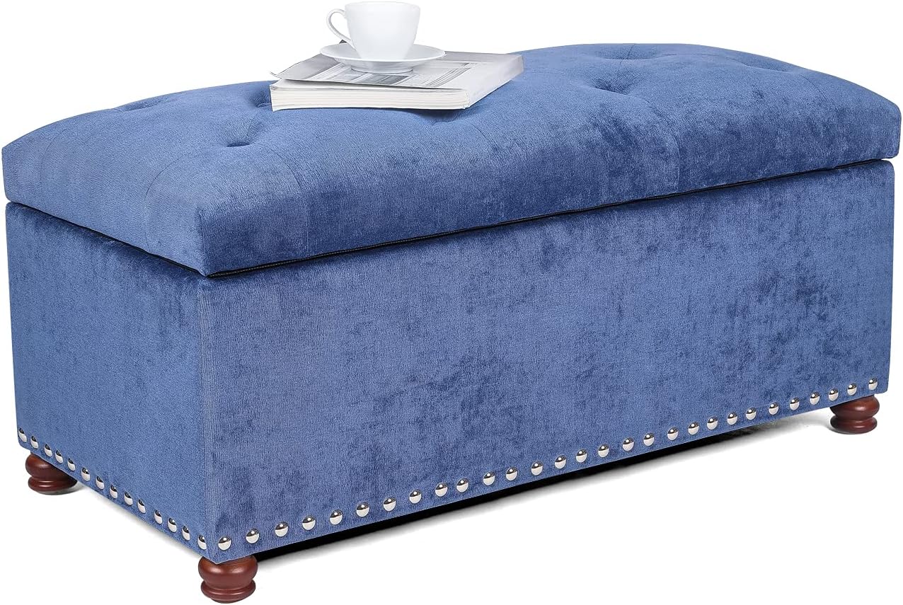 Homebeez Faux-Leather Storage Ottoman Bench Button Tufted Foot Rest Stool (Midnight Black)