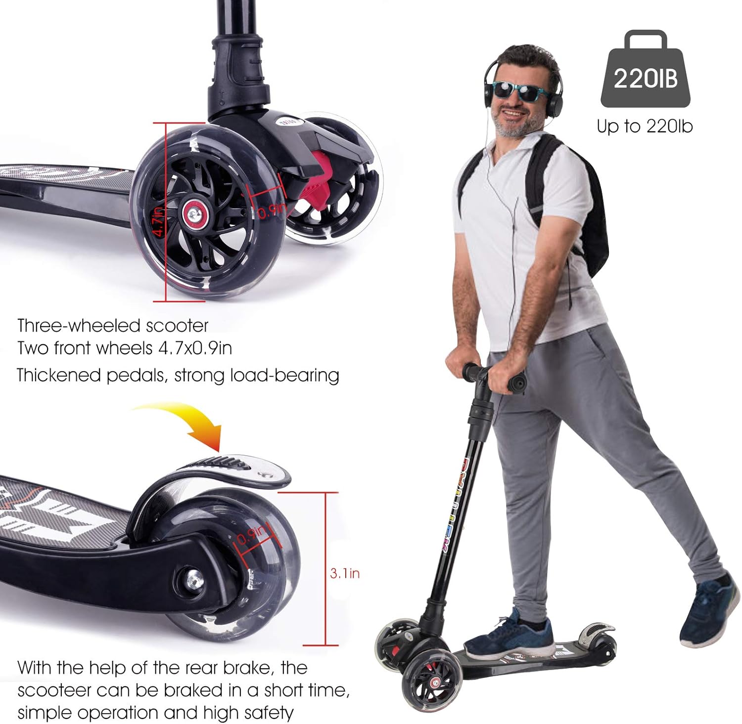 Kick Scooter for Kids Ages 3-5 Years Old, 3 Wheels Scooters for Kids with Flash Wheels, Boys and Girls Scooter with Light up Wheels, Kids Scooters Age 3-5 Black