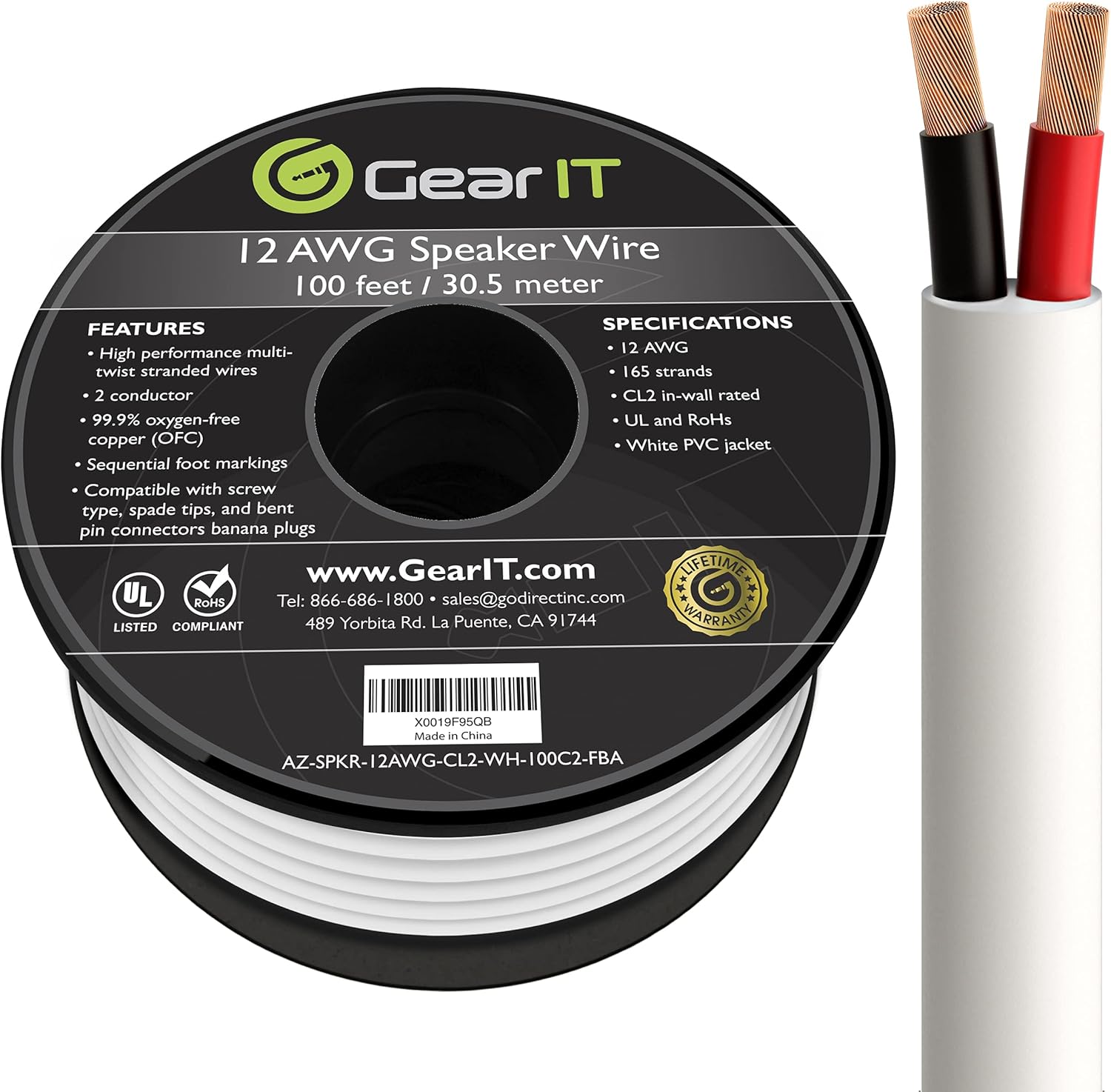 GearIT 12/2 Speaker Wire (100 Feet) 12AWG Gauge - in Wall Audio Speaker Wire Cable / CL2 Rated / 2 Conductors - OFC Oxygen-Free Copper, White 100ft Pack of 2