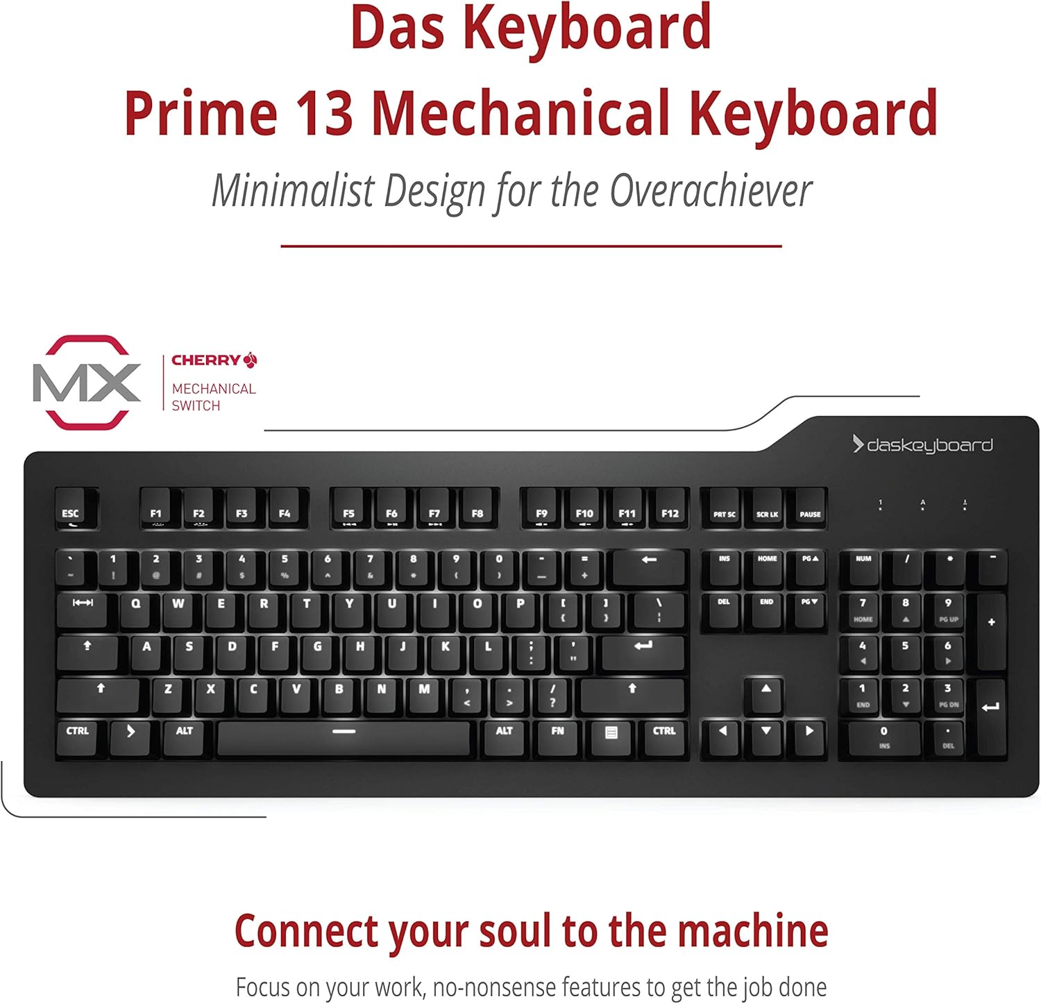 Das Keyboard Prime 13 Backlit Wired Mechanical Keyboard, Cherry MX Brown Mechanical Switches, Clean White LED Backlit Keys, USB pass-through, Aluminum Top Panel (104 keys, Black)