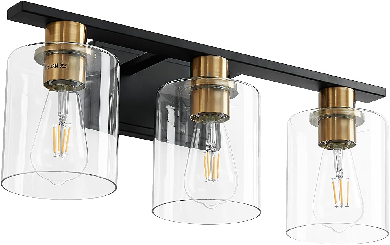 PAZALA 3 Lights Black and Gold Bathroom Vanity Light Fixtures Mid Century Modern Wall Lights Over Mirror with Clear Glass Shade